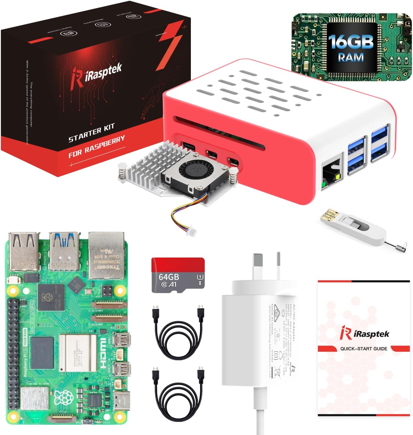 iRasptek Starter Kit für Raspberry Pi 5 16GB RAM 64GB mit vorinstalliertem Bookworm OS (Gehäuse Rot & Weiß)