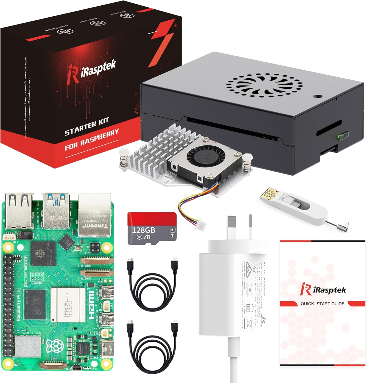 iRasptek Starter Kit für Raspberry Pi 5 RAM 8GB - 128GB Edition von OS-Bookworm vorinstalliert (Aluminiumgehäuse)