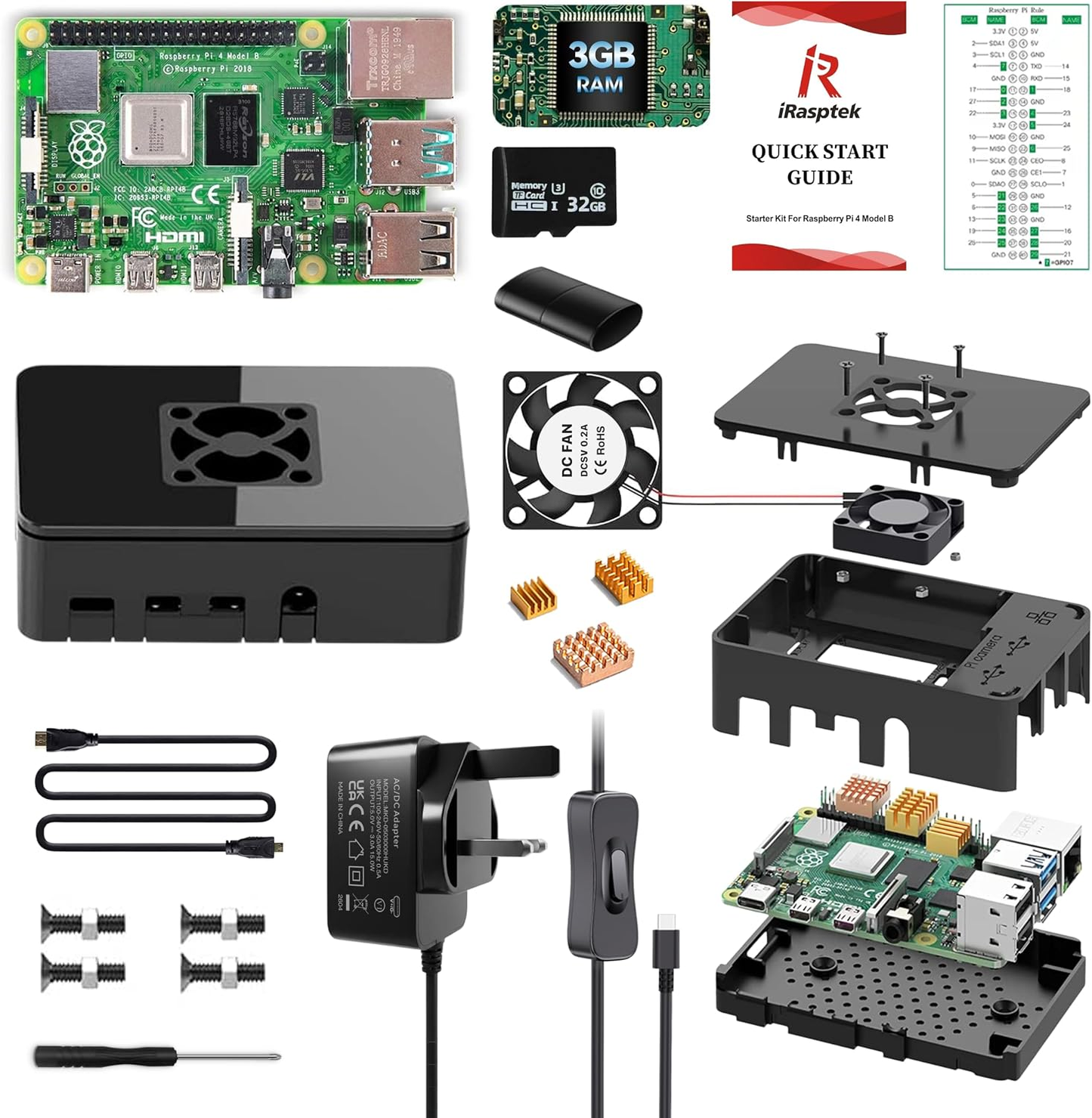 iRasptek Starter Kit for Raspberry Pi 4B 3GB RAM-32GB SD Card Edition