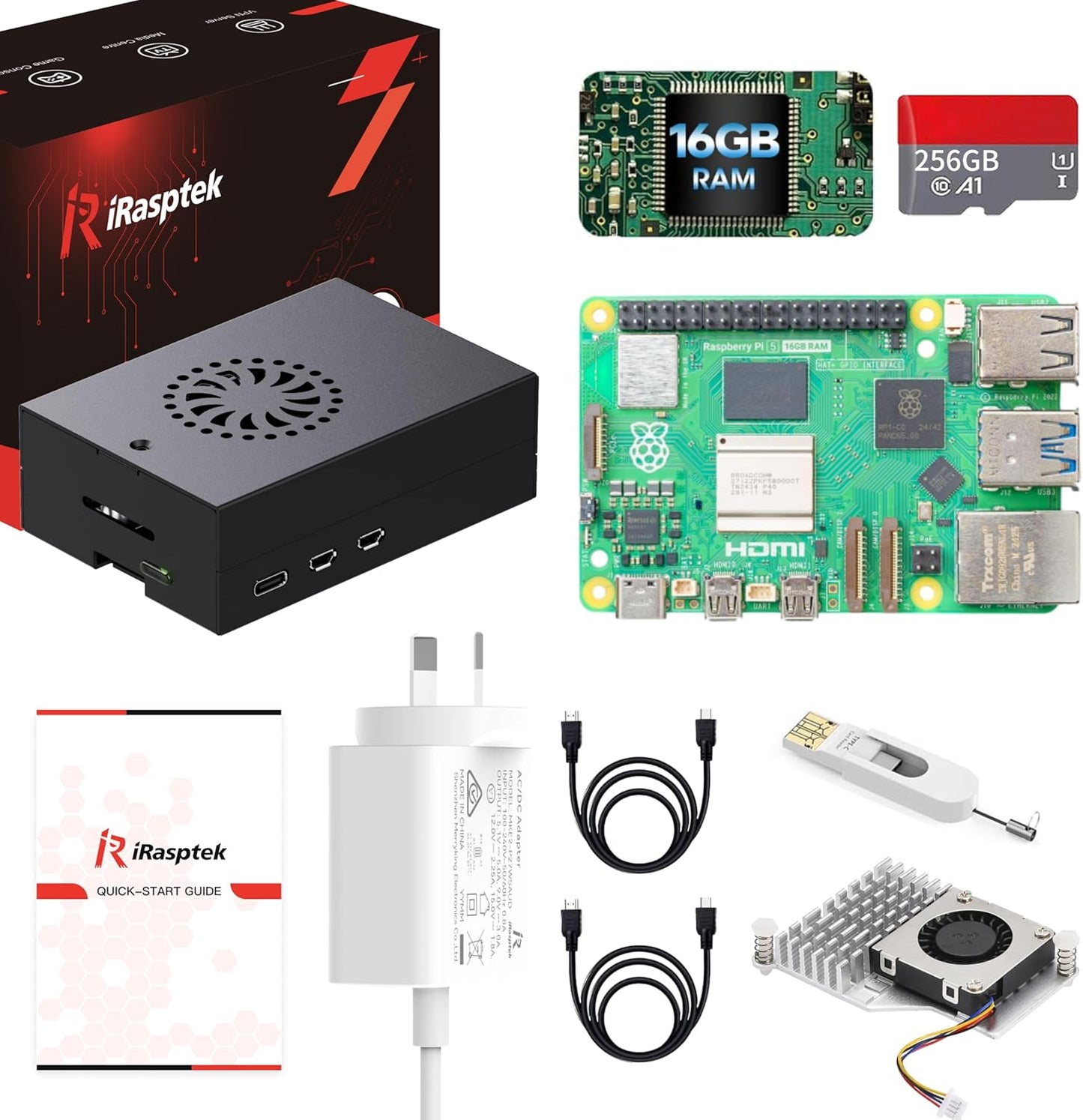iRasptek Starter Kit for Raspberry Pi 5 16GB RAM - Pre-Loaded with 256GB Edition Pi OS-Bookworm (Aluminum Case)