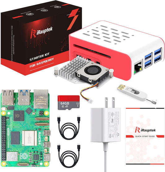 iRasptek Starter Kit for Raspberry Pi 5 16GB RAM 64GB with Bookworm OS Pre-Installed(Red&White Case)