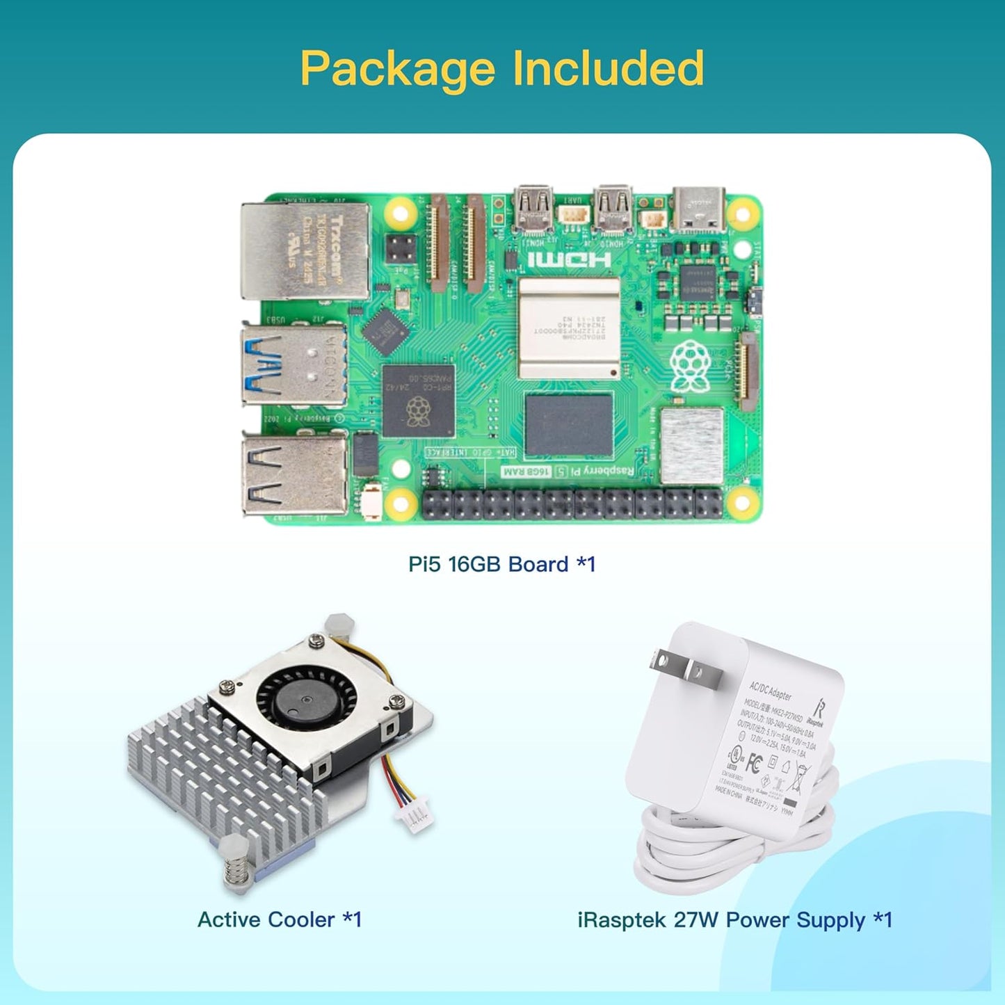 iRasptek Basic Kit for Raspberry Pi 5 16GB RAM- Includes 16GB Board, 27W PD Power Supply and Active Cooler