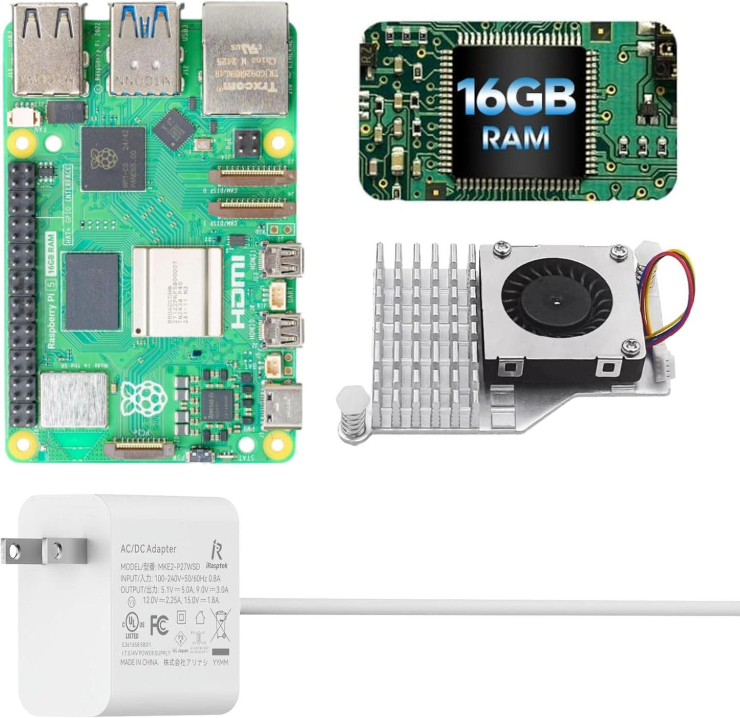 iRasptek Basic Kit for Raspberry Pi 5 16GB RAM- Includes 16GB Board, 27W PD Power Supply and Active Cooler