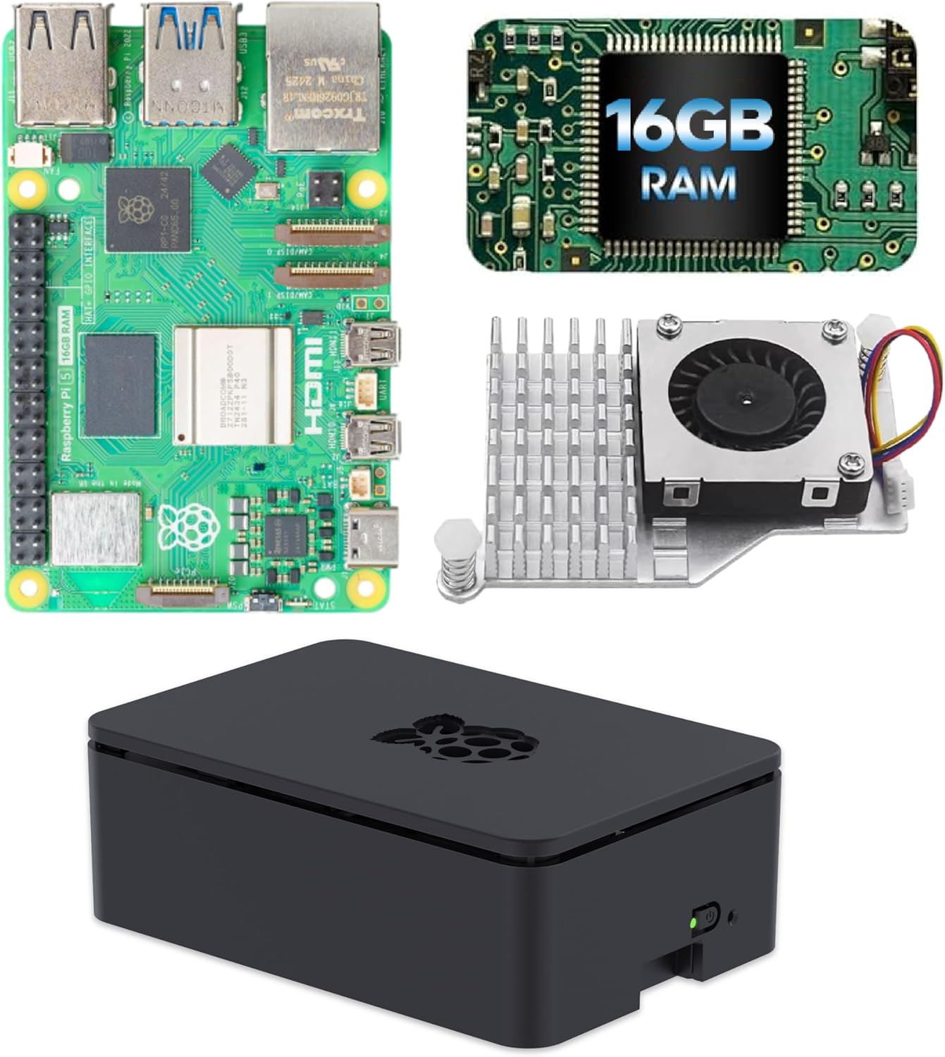 iRasptek Basic for Raspberry Pi 5 Single Board Computer 16GB RAM with Case and Active Cooler Included