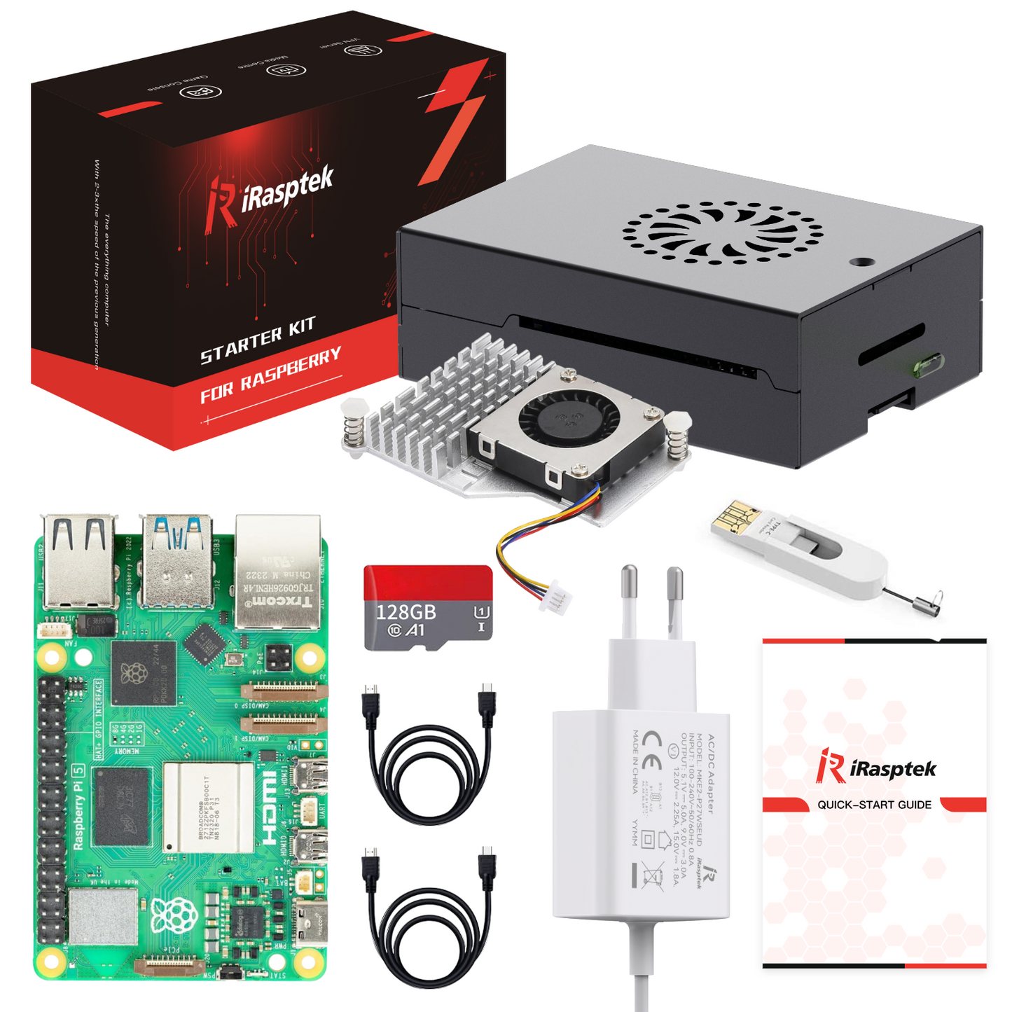 iRasptek Raspberry Pi 5 スターターキット 8GB RAM - OS-Bookwormプリインストール済み128GB版 (アルミニウムケース)
