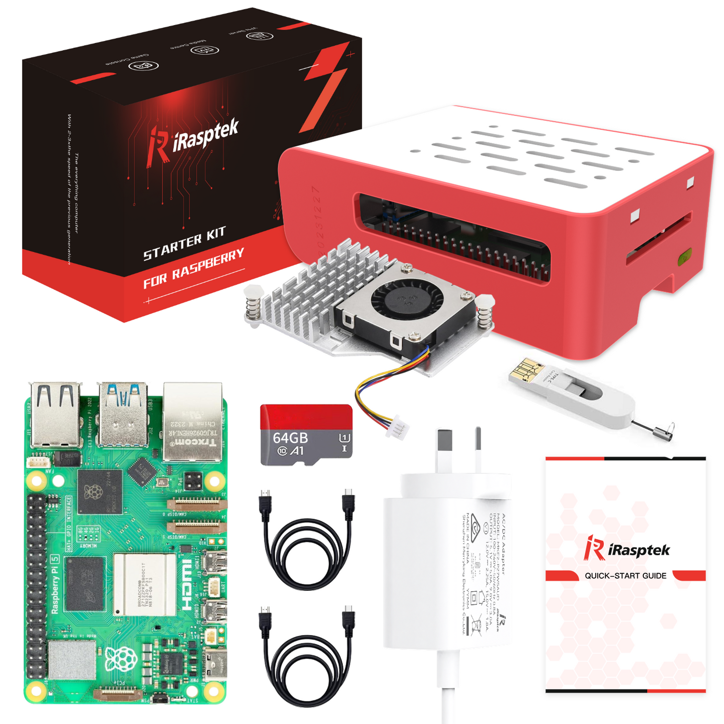 iRasptek Starter-Kit für Raspberry Pi 5 RAM 4GB-64GB Edition mit vorinstalliertem OS-Bookworm (Rot-weißes Gehäuse)
