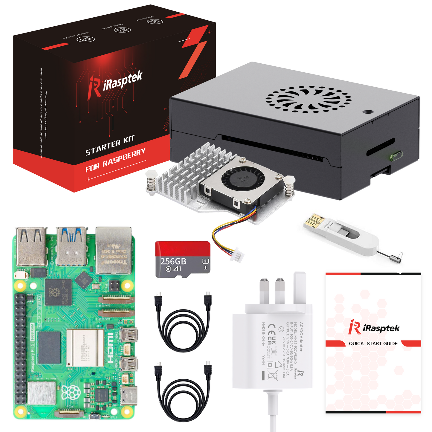 iRasptek Starter Kit for Raspberry Pi 5 16GB RAM - Pre-Loaded with 256GB Edition Pi OS-Bookworm (Aluminum Case)