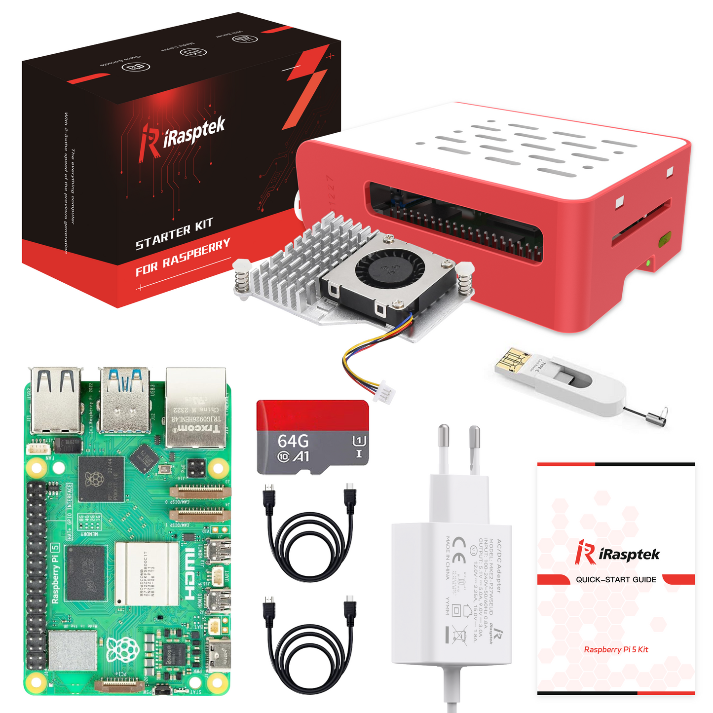 iRasptek Starter Kit für Raspberry Pi 5 RAM 8GB-Vorinstalliert 64GB Edition Pi OS (Rot&Weißes Gehäuse)