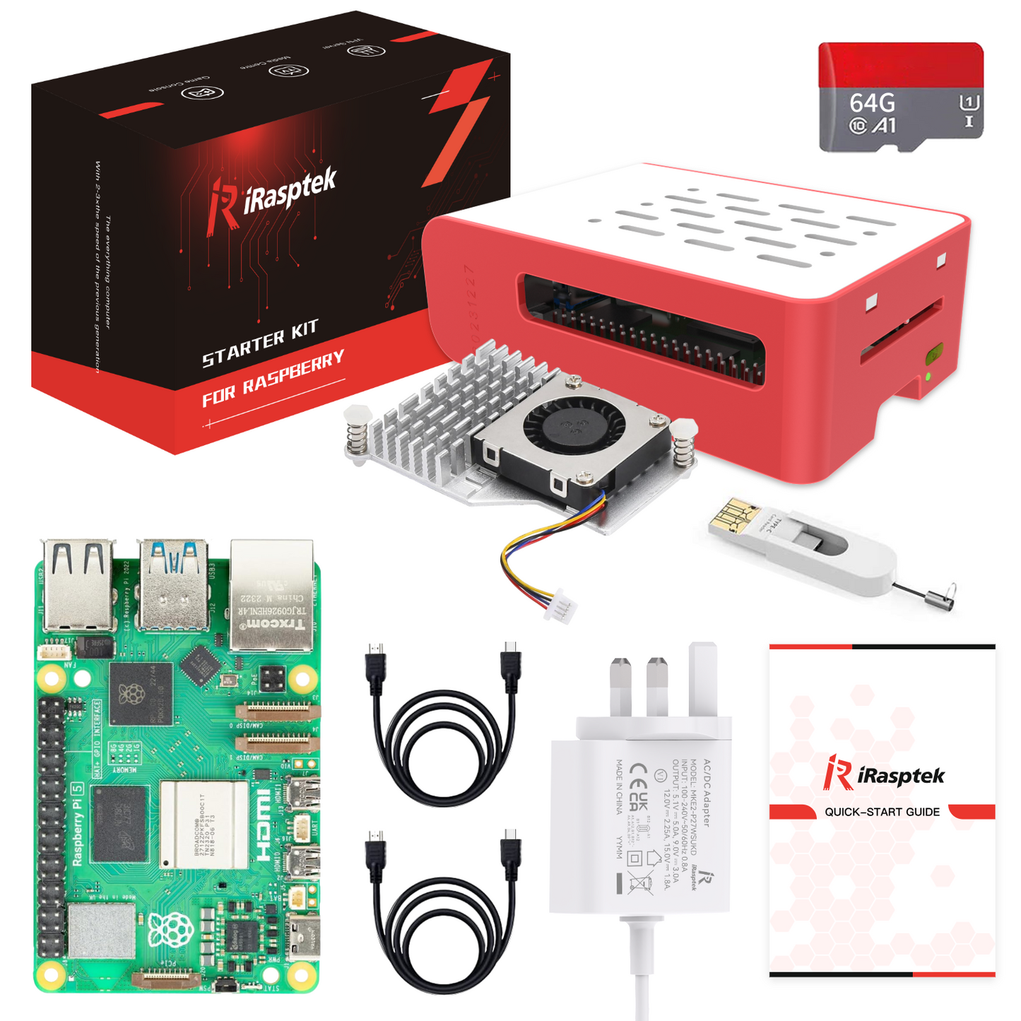 iRasptek Starter Kit für Raspberry Pi 5 RAM 8GB-Vorinstalliert 64GB Edition Pi OS (Rot&Weißes Gehäuse)