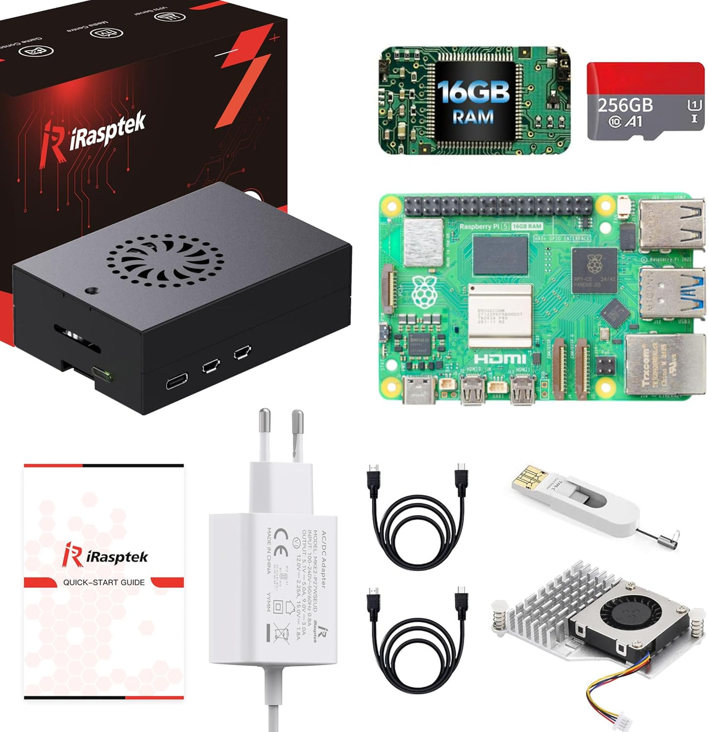 iRasptek Starter Kit for Raspberry Pi 5 16GB RAM - Pre-Loaded with 256GB Edition Pi OS-Bookworm (Aluminum Case)
