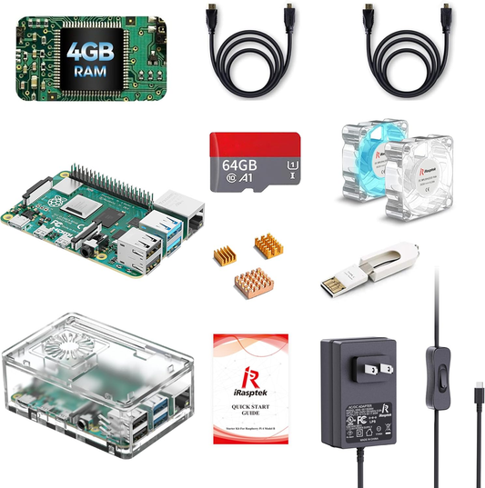 iRasptek Starter Kit for Raspberry Pi 4B 4GB - 64GB Edition,Noobs Preinstalled,5V 3.5A Power Supply,Display Cable,Heatsink,Transparent Case and Cooling Fan,Card Reader,GPIO Reference Card