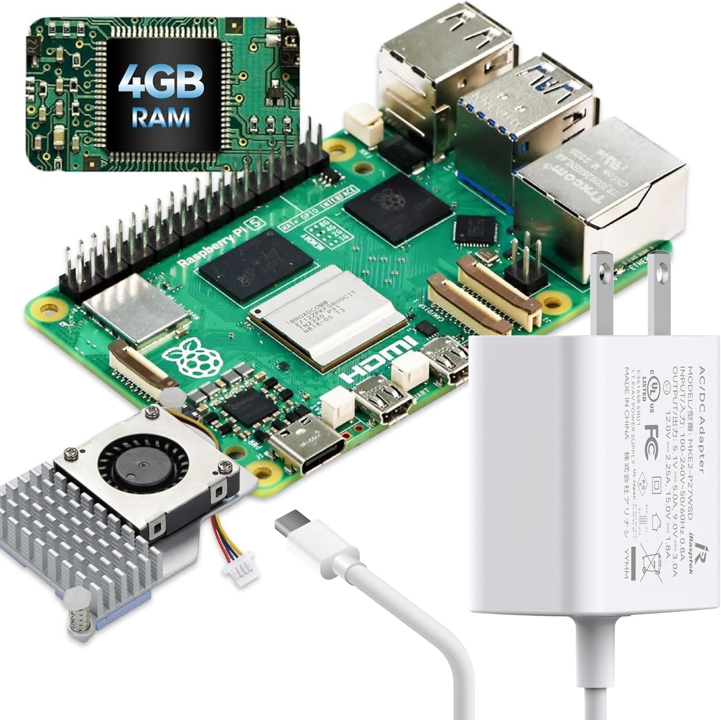iRasptek Basic Starter Kit for Raspberry Pi 5 4GB RAM -Includes 4GB Board, 27W PD Power Supply and Active Cooler