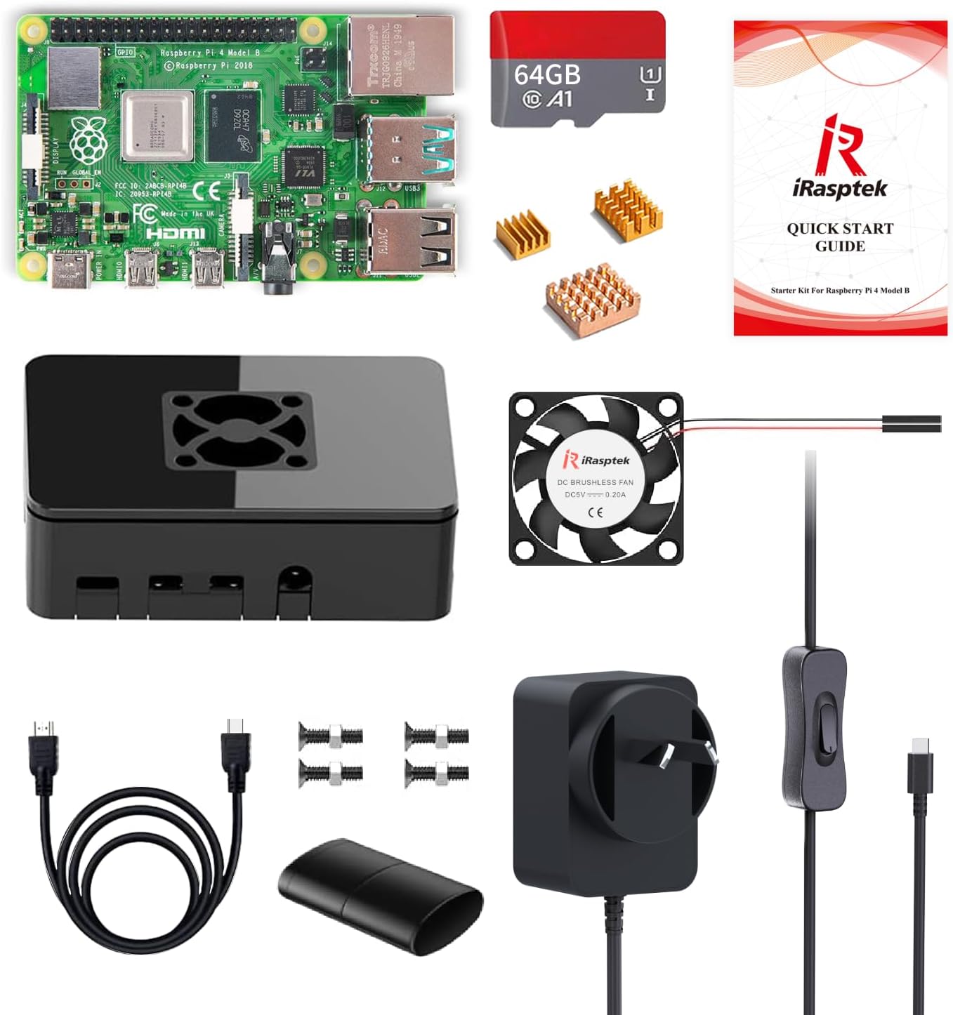 iRasptek Starter Kit for Raspberry Pi 4B 4GB RAM-64GB Edition with Pi OS Pre-Installed