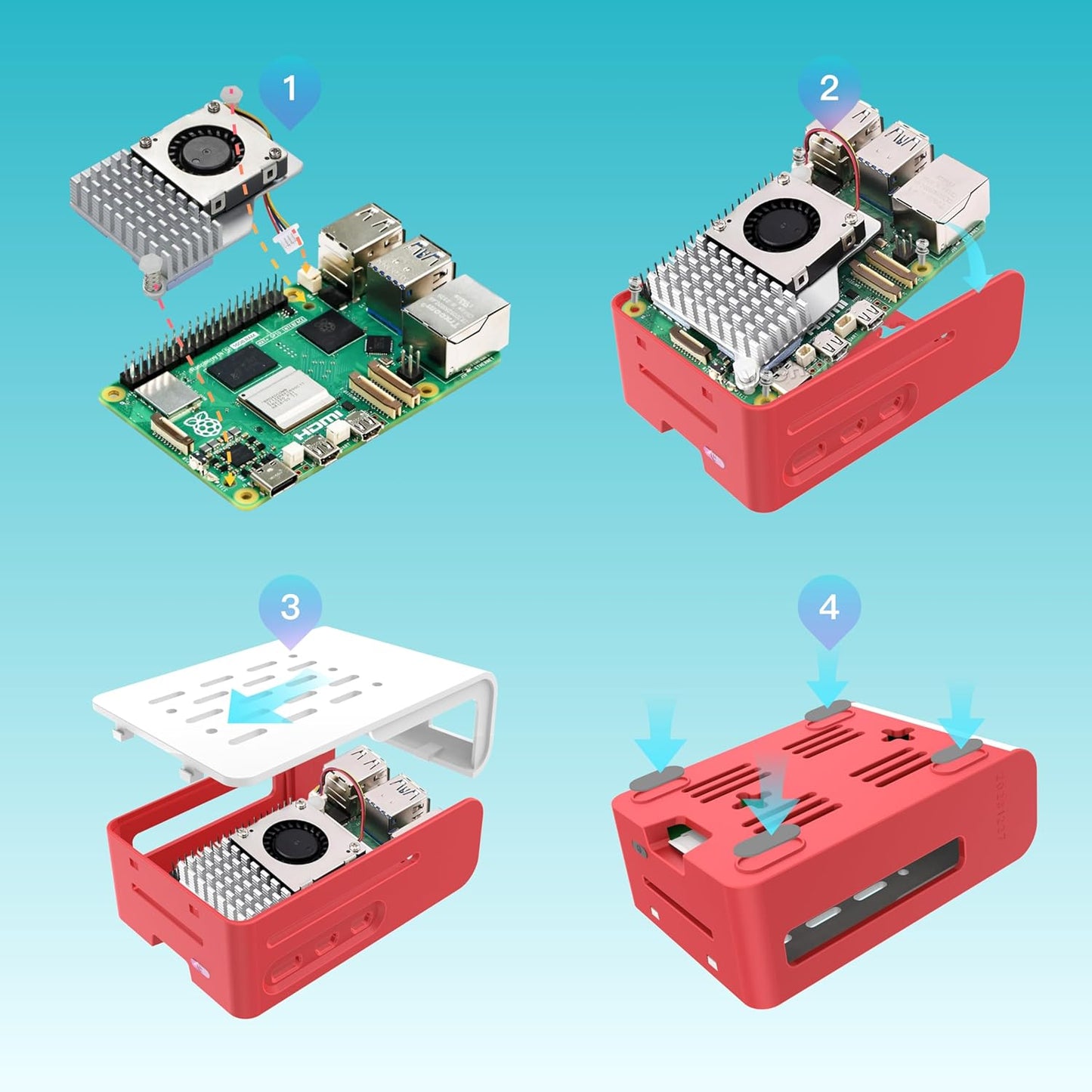 iRasptek Starter-Kit für Raspberry Pi 5 RAM 4GB-64GB Edition mit vorinstalliertem OS-Bookworm (Rot-weißes Gehäuse)