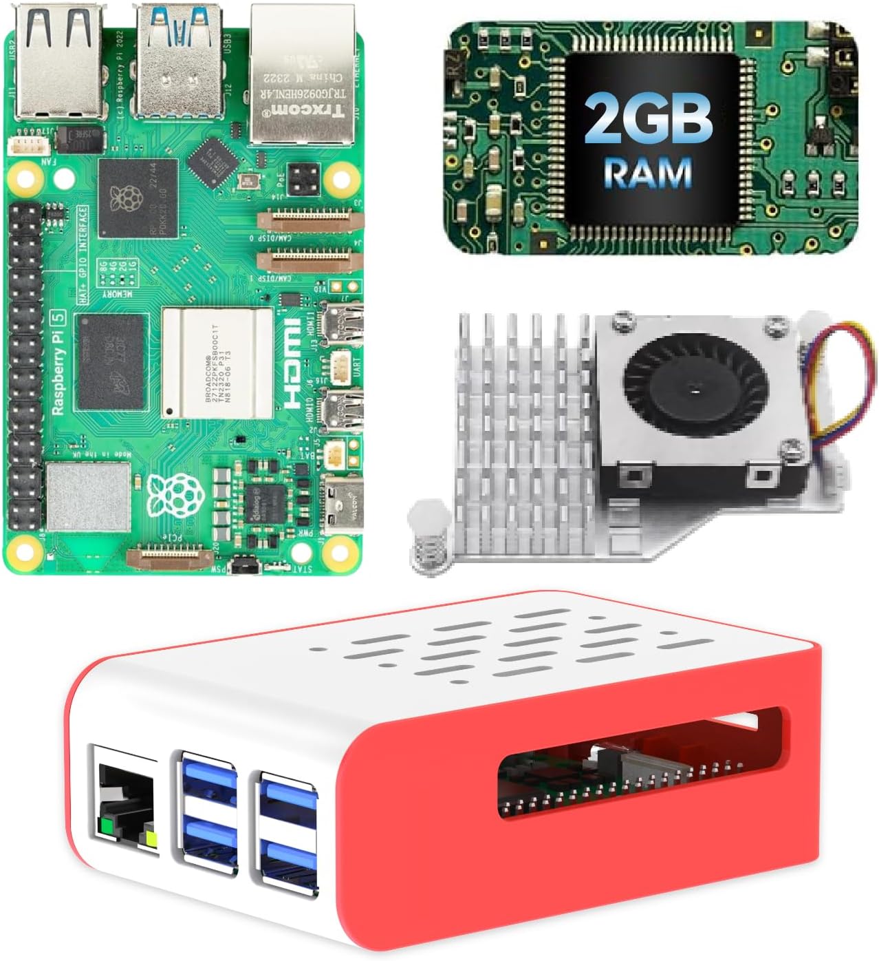 iRasptek Basic kit for Raspberry Pi 5 2GB RAM Includes Active Cooler and Pi5 Case