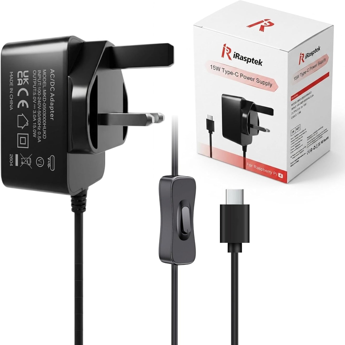 iRasptek 15W 5V/3A USB-C Power Adapter for Raspberry Pi 4 （black）