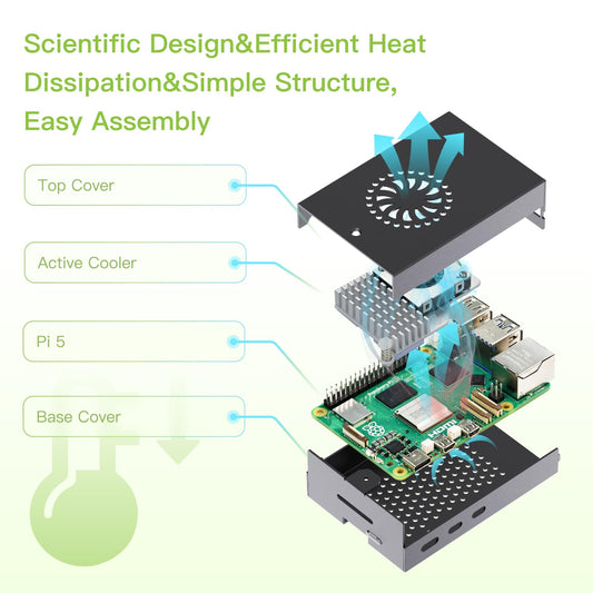 iRasptek Accessory Kit for Raspberry Pi 5 —— Metal Case with Active Cooler and 27W USB C Power Supply for Raspberry Pi 5 (Pi 5 Board not Included)