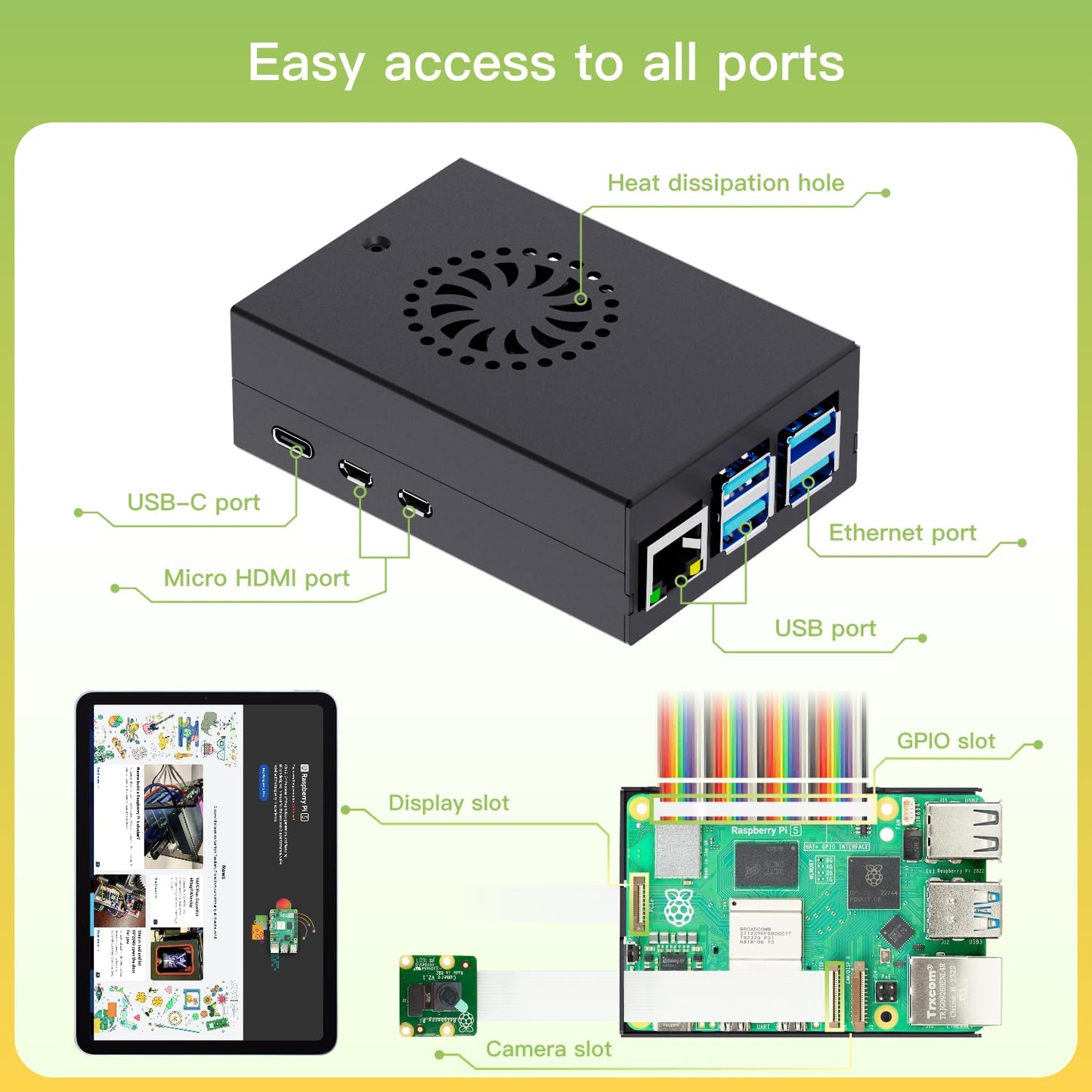 iRasptek Accessory Kit for Raspberry Pi 5 —— Metal Case with Active Cooler and 27W USB C Power Supply for Raspberry Pi 5 (Pi 5 Board not Included)