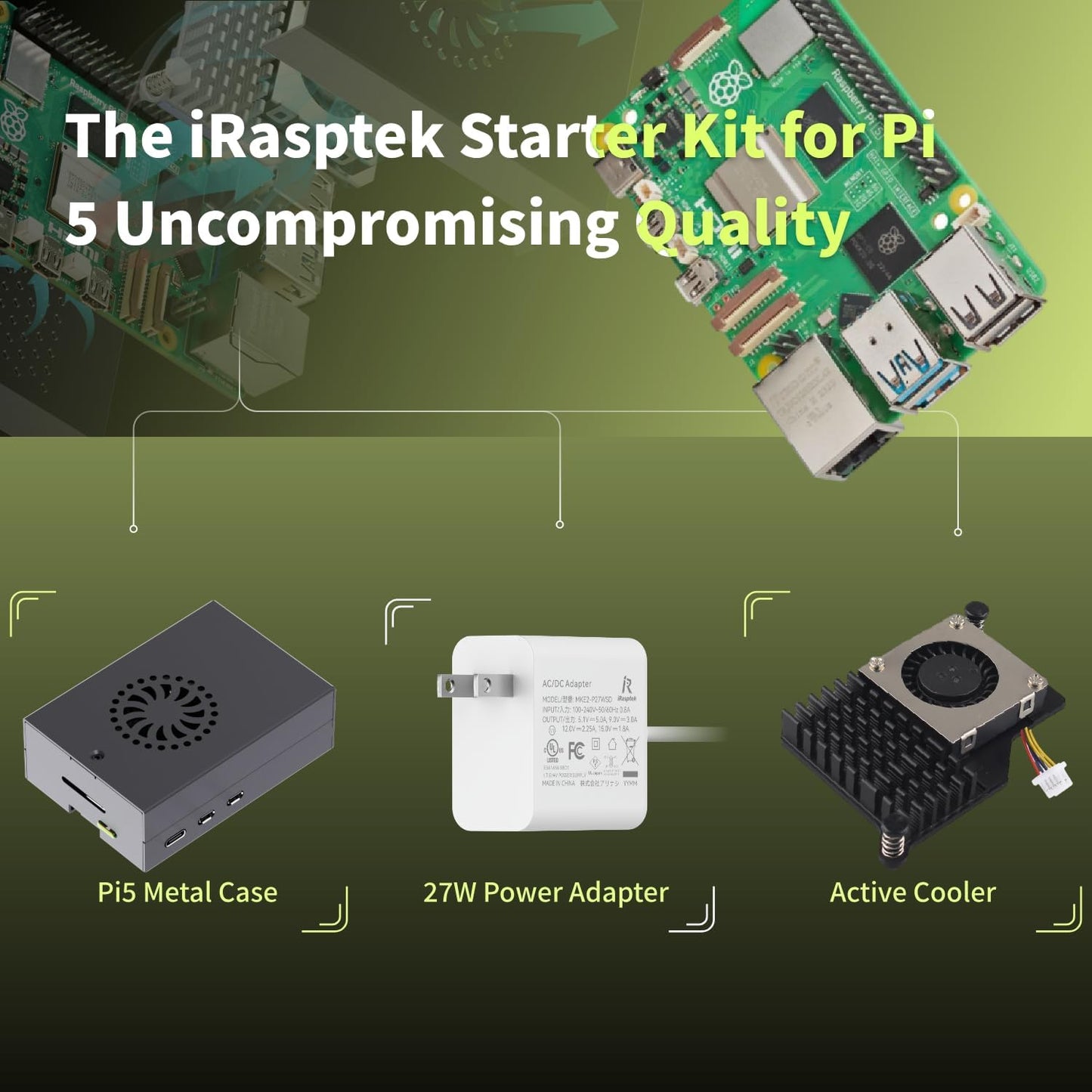 iRasptek Starter Kit for Raspberry Pi 5 8GB RAM- Includes 8GB Board, 5.1V 5A USB-C Pi5 Power Adaptery, Pi5 Metal Case and Active Cooler
