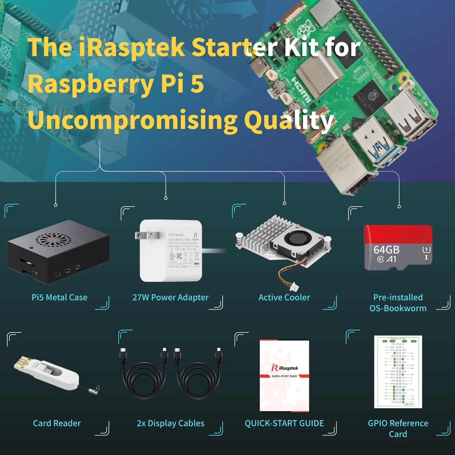 iRasptek Starter Kit for Raspberry Pi 5 RAM 8GB-64GB Edition of OS-Bookworm Pre-Loaded(Aluminum Case)