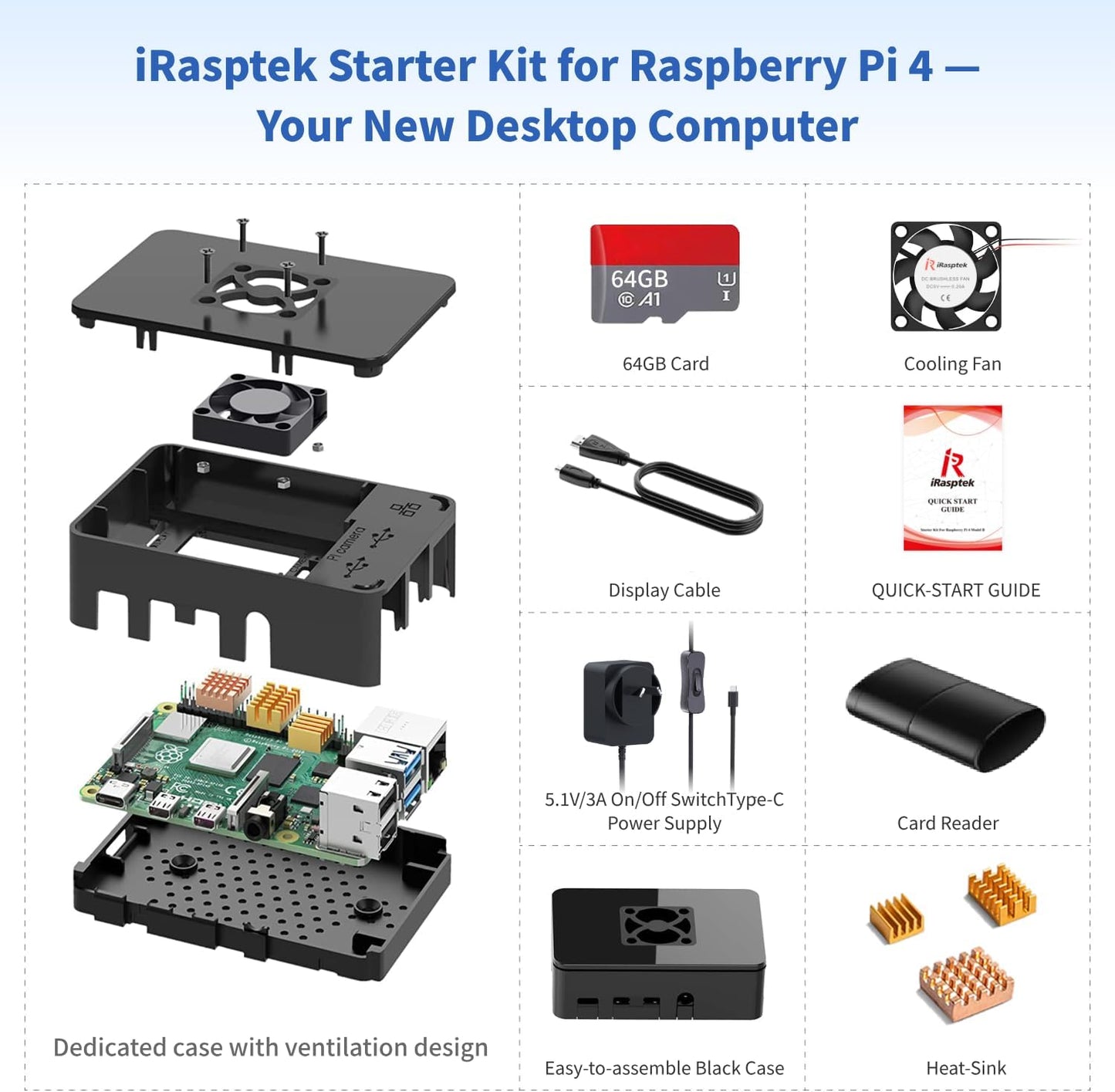 iRasptek Starter Kit for Raspberry Pi 4B 8GB RAM-Pre-Loaded with 64GB Edition