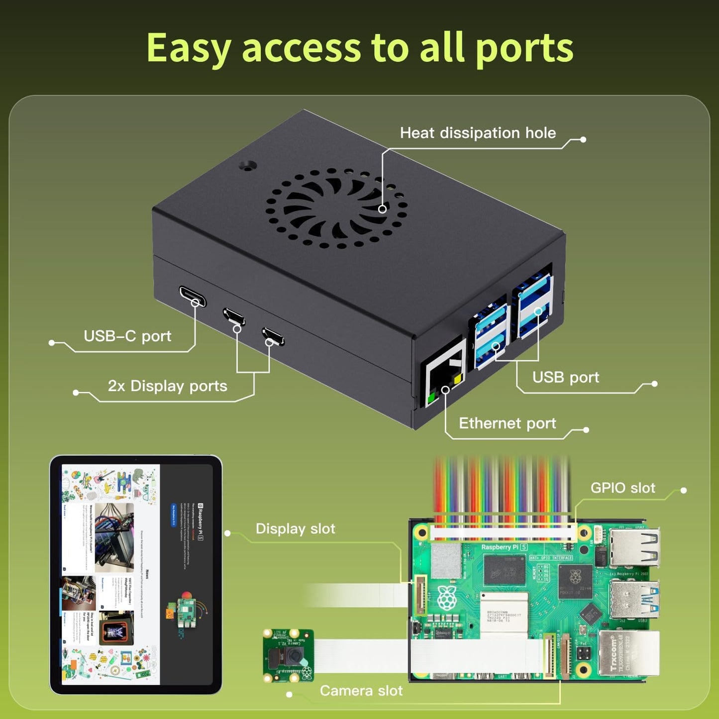 iRasptek Starter Kit for Raspberry Pi 5 8GB RAM- Includes 8GB Board, 5.1V 5A USB-C Pi5 Power Adaptery, Pi5 Metal Case and Active Cooler