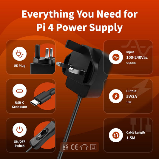 iRasptek 15W 5V/3A USB-C Power Adapter for Raspberry Pi 4 （black）