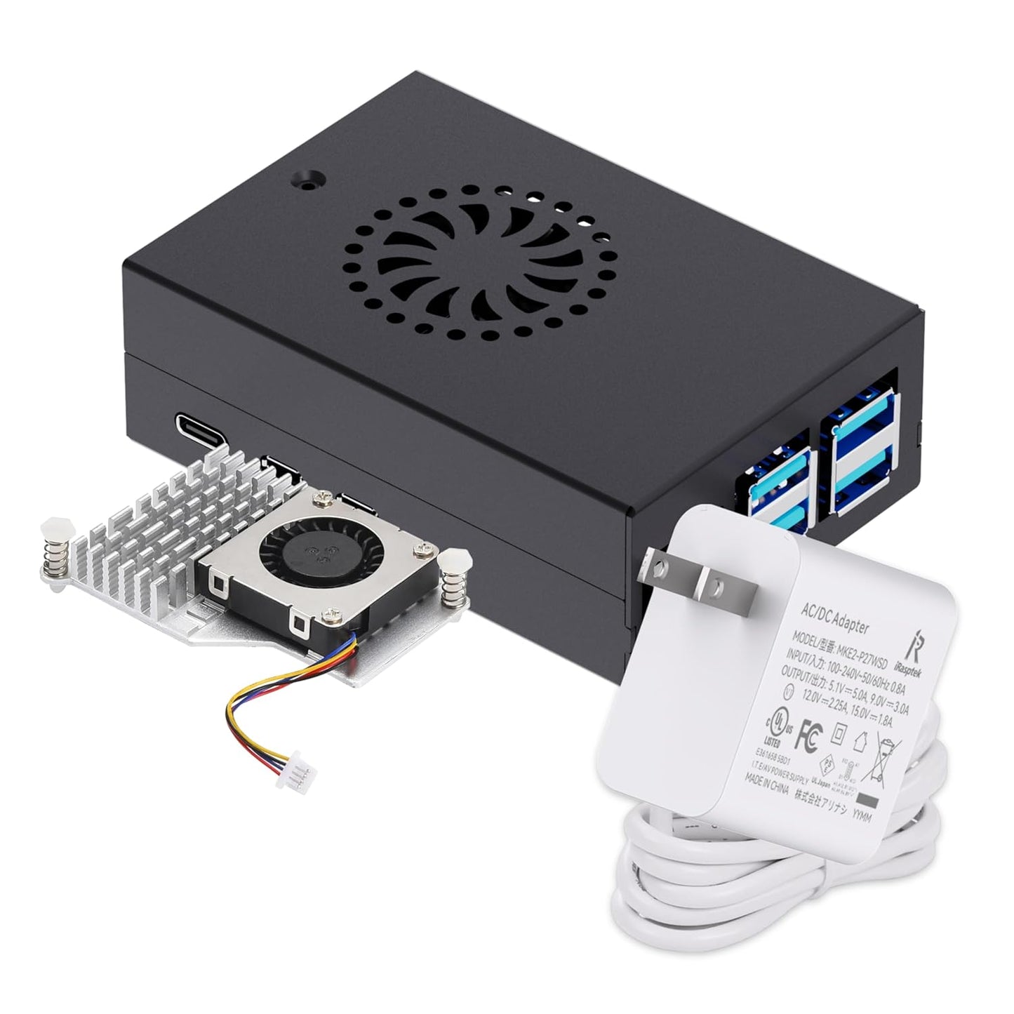 iRasptek Accessory Kit for Raspberry Pi 5 —— Metal Case with Active Cooler and 27W USB C Power Supply for Raspberry Pi 5 (Pi 5 Board not Included)