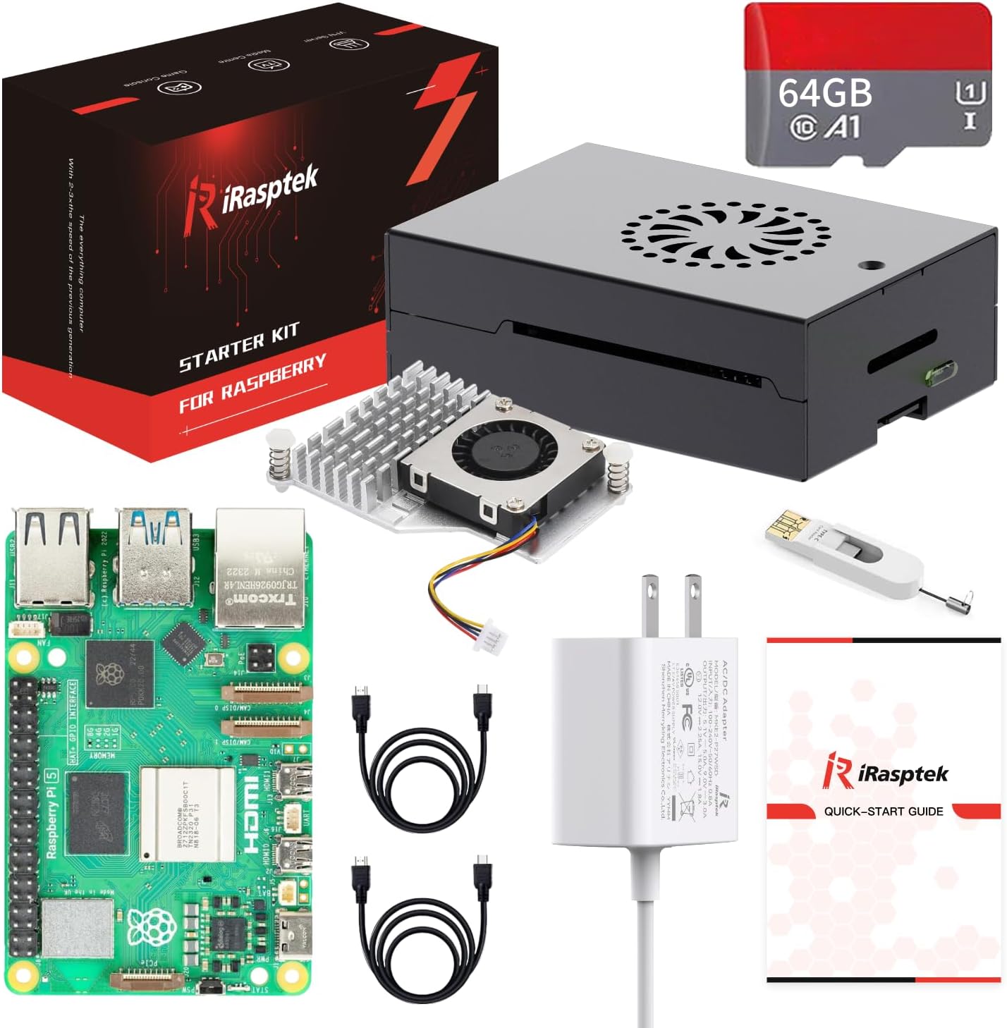 iRasptek Starter Kit for Raspberry Pi 5 RAM 8GB-64GB Edition of OS-Bookworm Pre-Loaded(Aluminum Case)