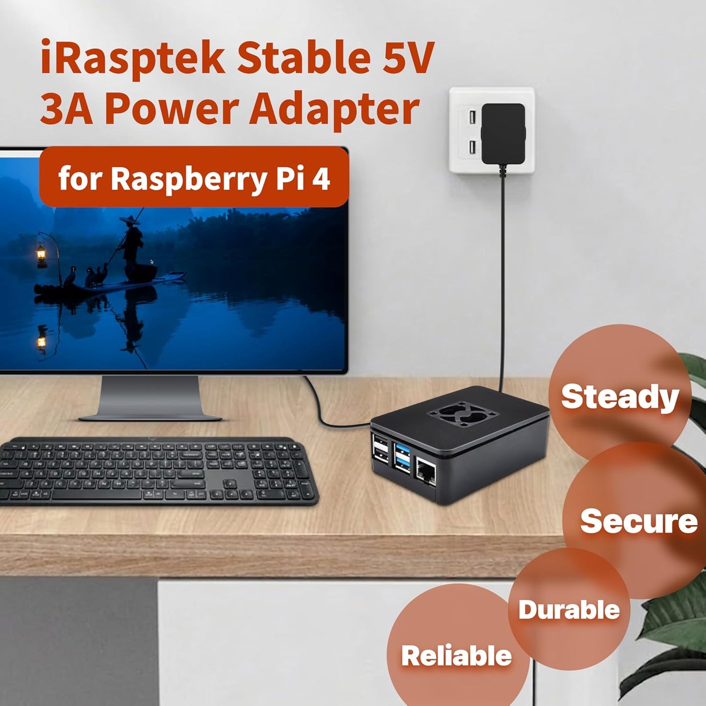 iRasptek 15W 5V/3A USB-C Power Adapter for Raspberry Pi 4 （black）