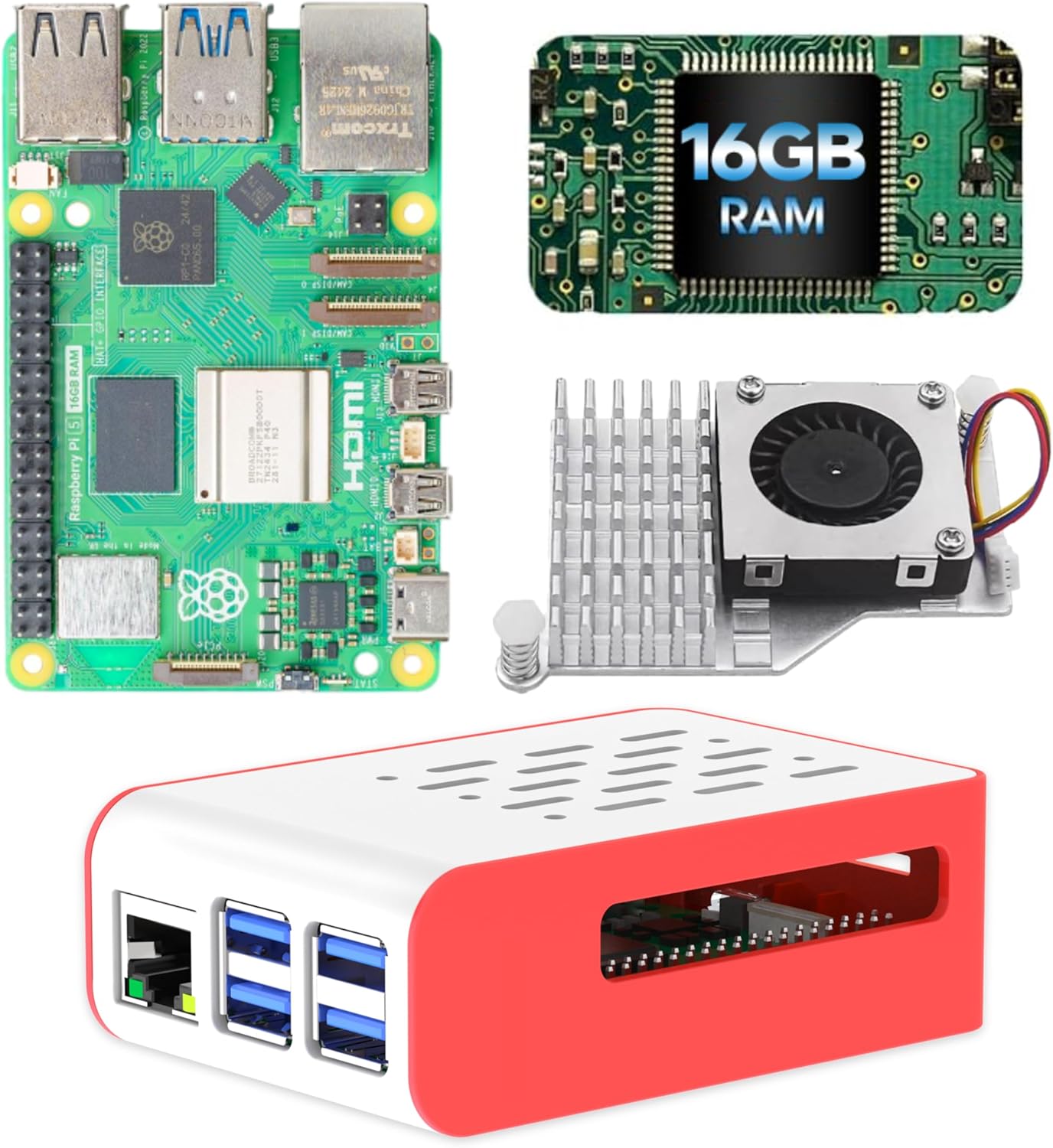 iRasptek Basic Kit for Raspberry Pi 5 16GB RAM with Pi5 Case and Active Cooler Included