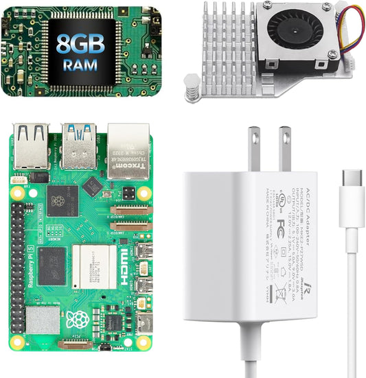 iRasptek Basic Kit for Raspberry Pi 5 8GB RAM- Includes 8GB Board, 27W PD Power Supply and Active Cooler