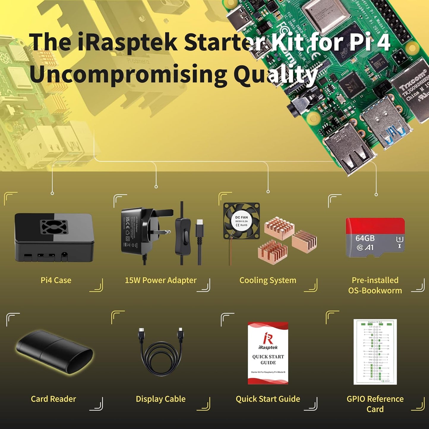 iRasptek Starter Kit for Raspberry Pi 4B 4GB RAM - 64GB SD Card Edition