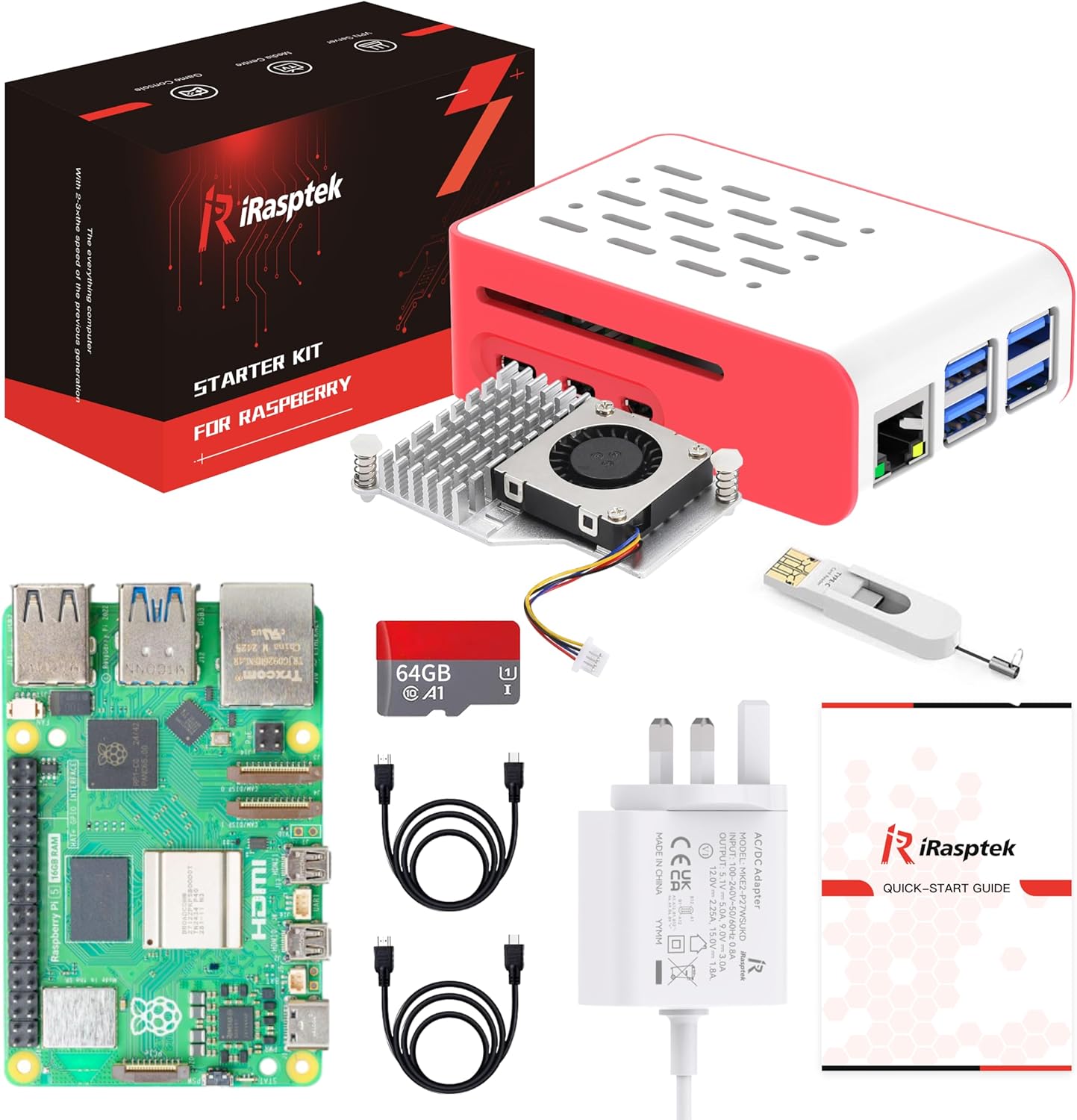 iRasptek Starter Kit für Raspberry Pi 5 16GB RAM 64GB mit vorinstalliertem Bookworm OS (Gehäuse Rot & Weiß)