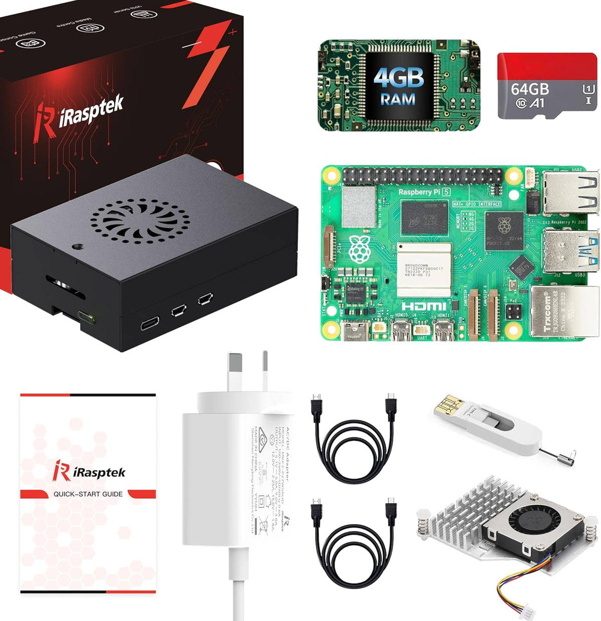 iRasptek Starter Kit for Raspberry Pi 5 RAM 4GB-64GB Edition of OS-Bookworm Pre-Loaded(Aluminum Case)