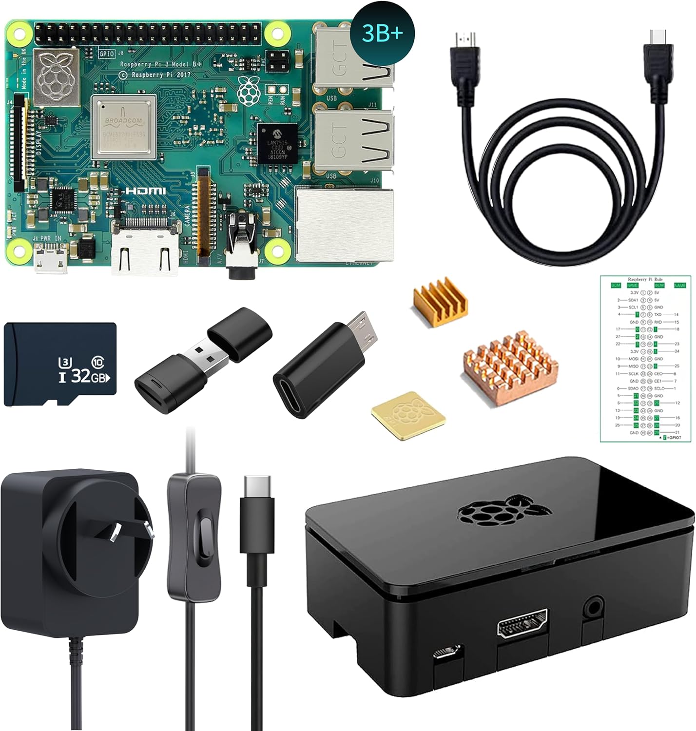 iRasptek Starter Kit for Raspberry Pi 3B+, 1GB RAM, 32GB Edition with Bookworm OS Pre-Installed