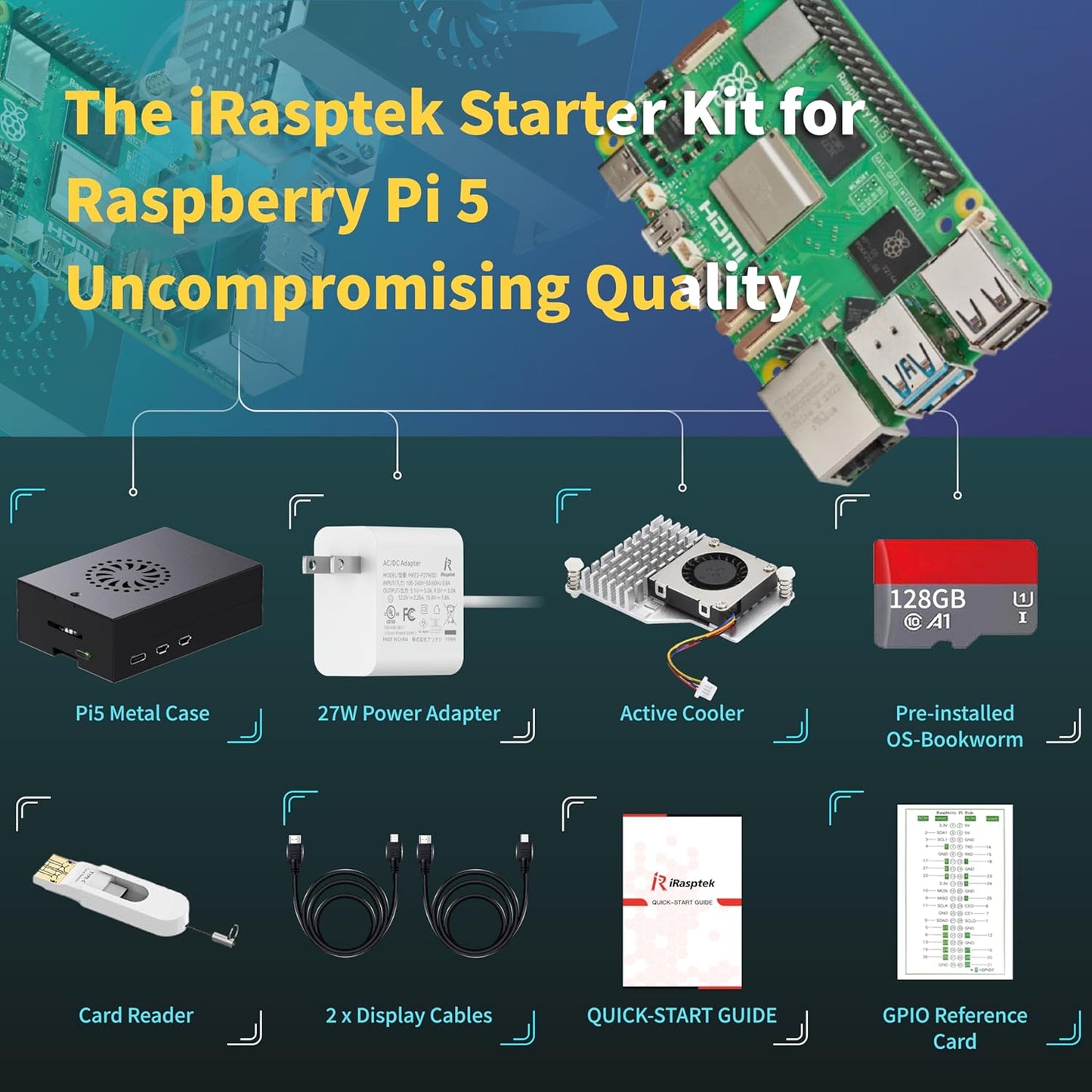 iRasptek Raspberry Pi 5 スターターキット 8GB RAM - OS-Bookwormプリインストール済み128GB版 (アルミニウムケース)