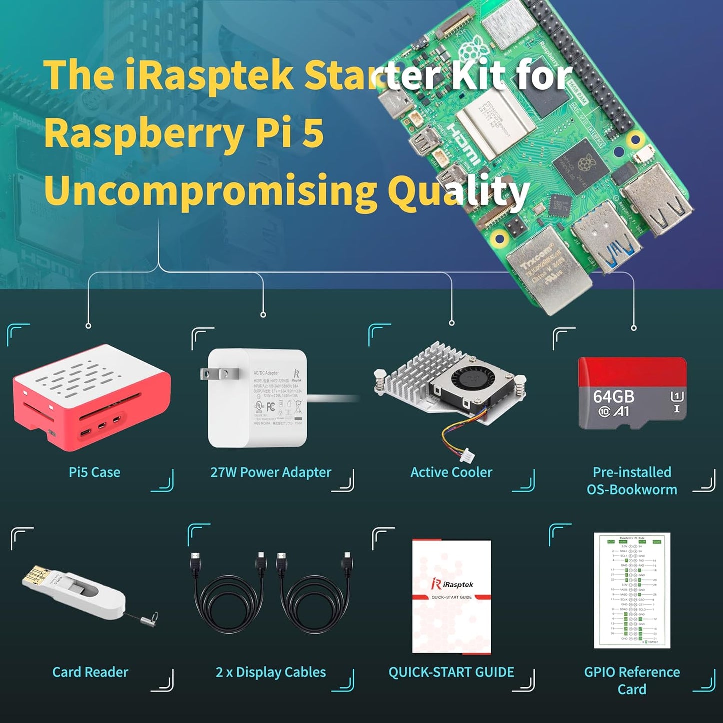 iRasptek Starter Kit für Raspberry Pi 5 16GB RAM 64GB mit vorinstalliertem Bookworm OS (Gehäuse Rot & Weiß)