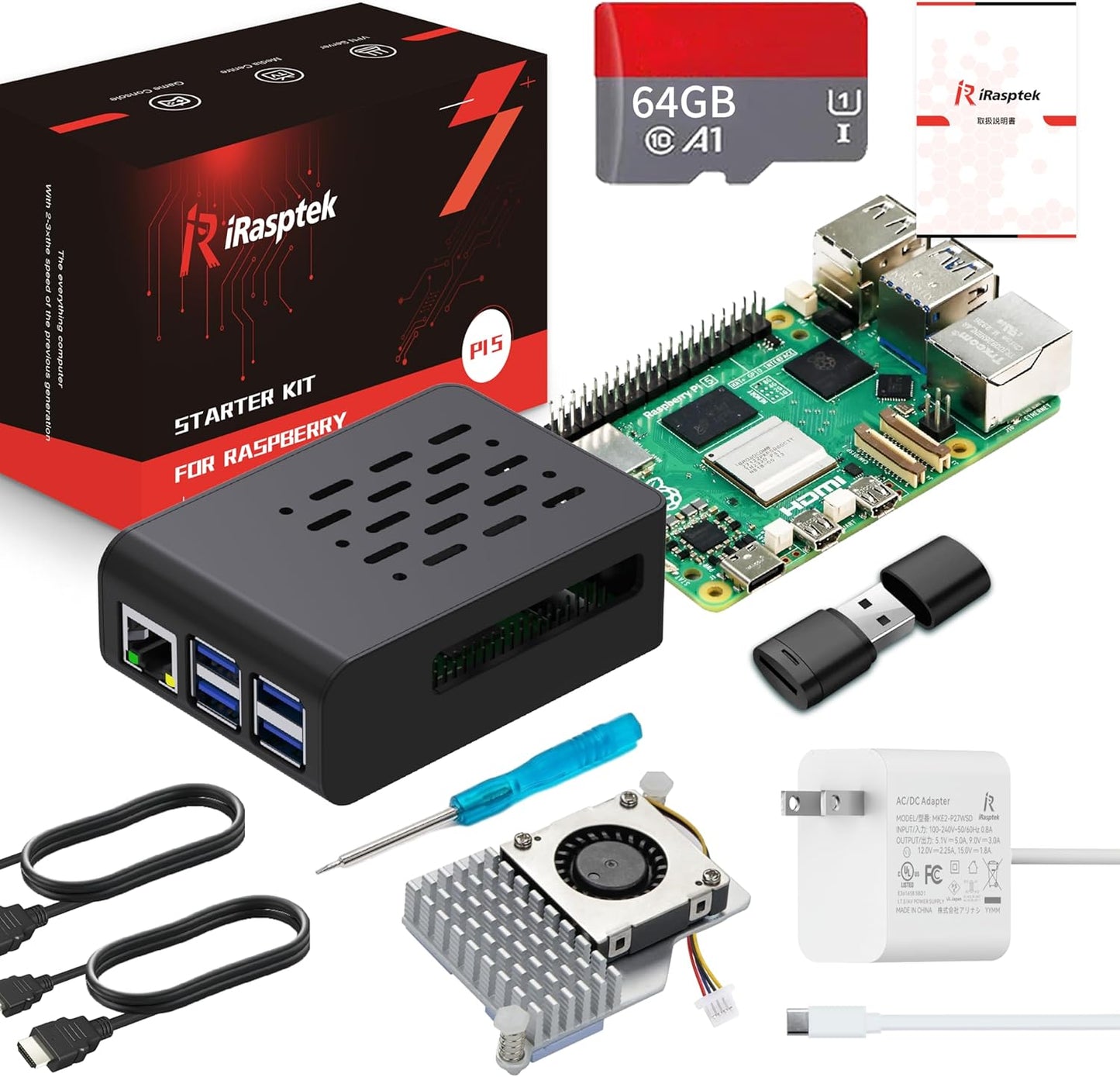 iRasptek Starter Kit For Raspberry Pi 5/ラズベリーパイ5 RAM 8GB — 64GB ラズベリーパイ OSをプリインストー