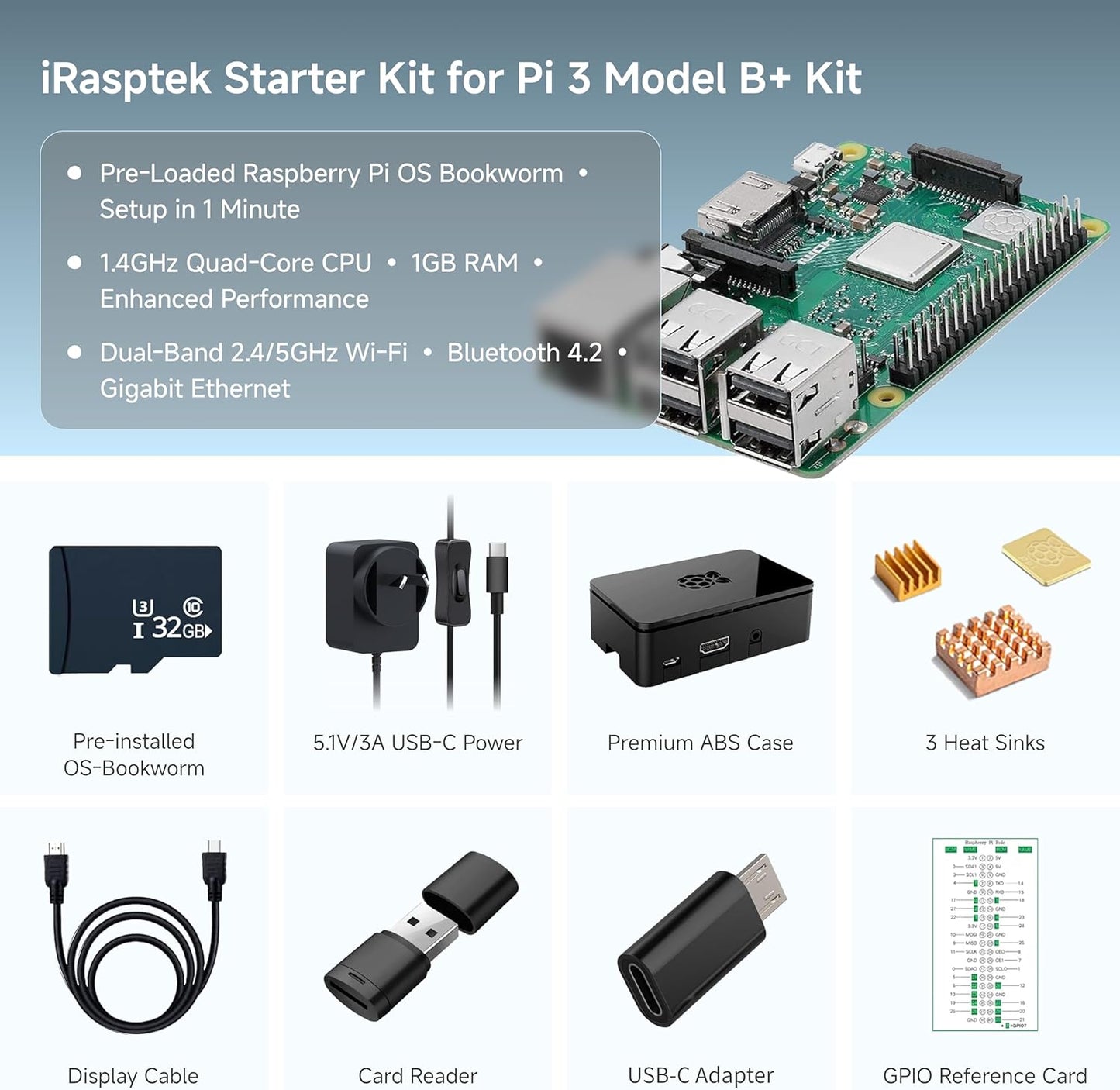 iRasptek Starter Kit for Raspberry Pi 3B+, 1GB RAM, 32GB Edition with Bookworm OS Pre-Installed