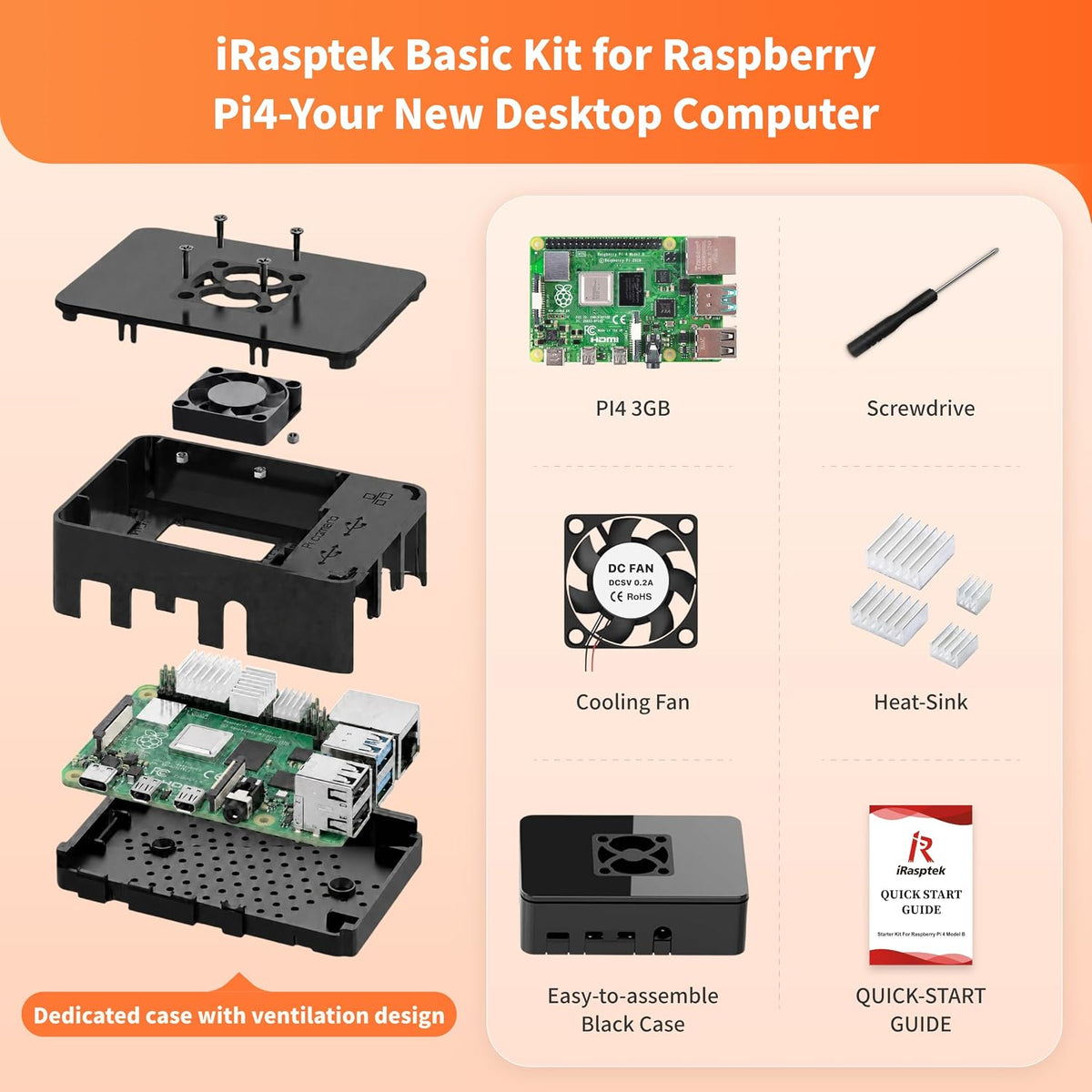 iRasptek Basic Kit for Raspberry Pi 4B 3GB RAM Included PI4 Case,Screwdrive,Cooling Fan and Heat-Sink
