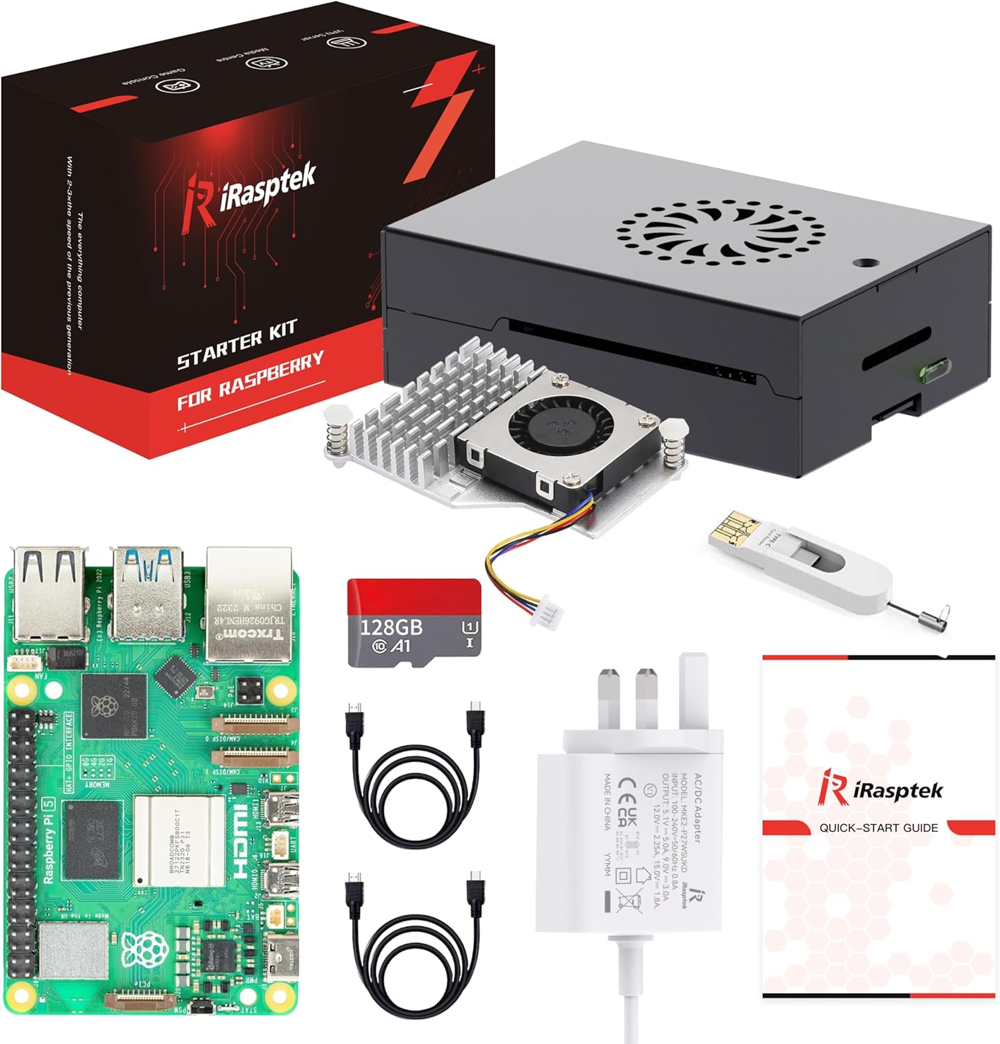 iRasptek Raspberry Pi 5 スターターキット 8GB RAM - OS-Bookwormプリインストール済み128GB版 (アルミニウムケース)