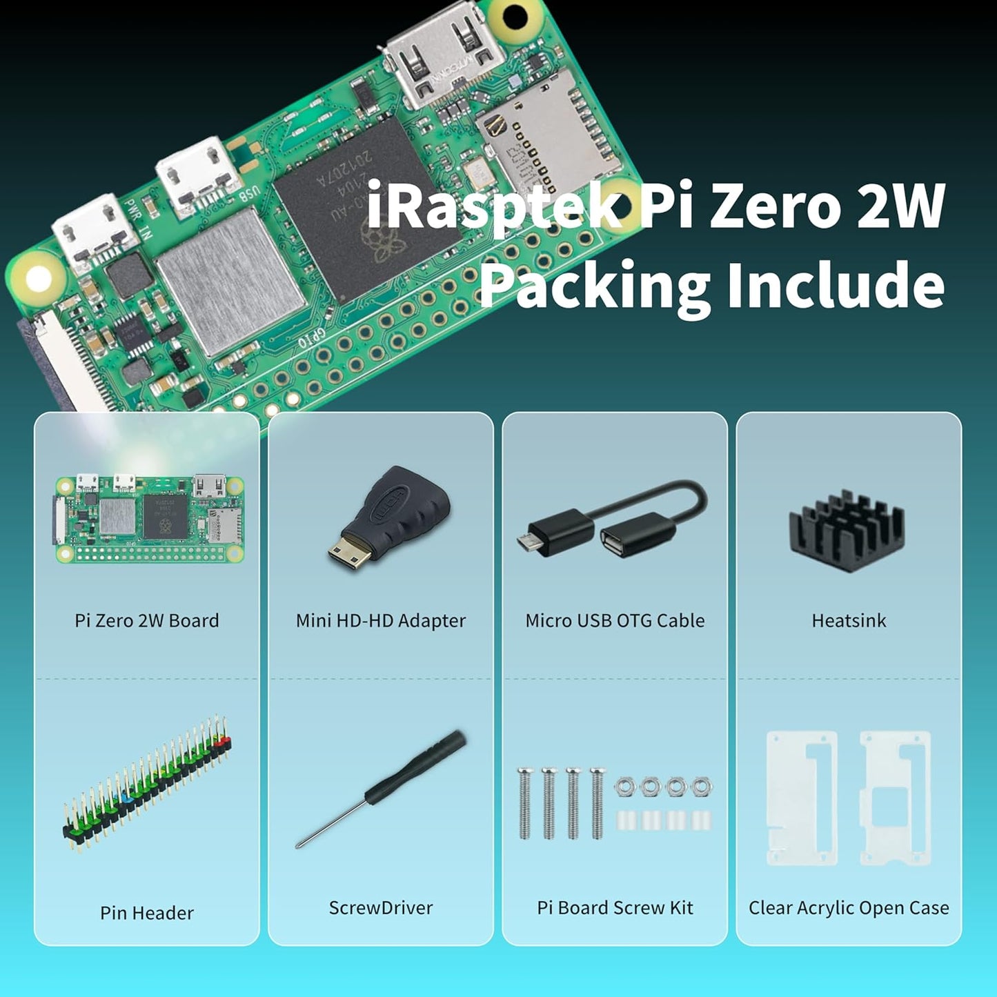 iRasptek Basic Kit for Raspberry Pi Zero 2 W with Acrylic Case,Mini HD-HD Adapter,Heatsink,Pin Header,Micro USB OTG Cable,Screwdriver| Ideal for DIY, IoT and STEM Projects