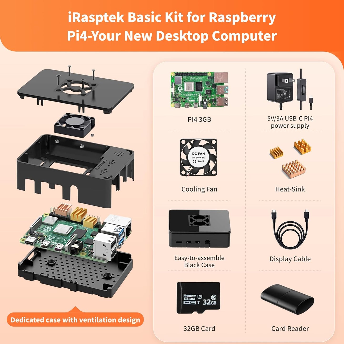 iRasptek Starter Kit for Raspberry Pi 4B 3GB RAM-32GB SD Card Edition