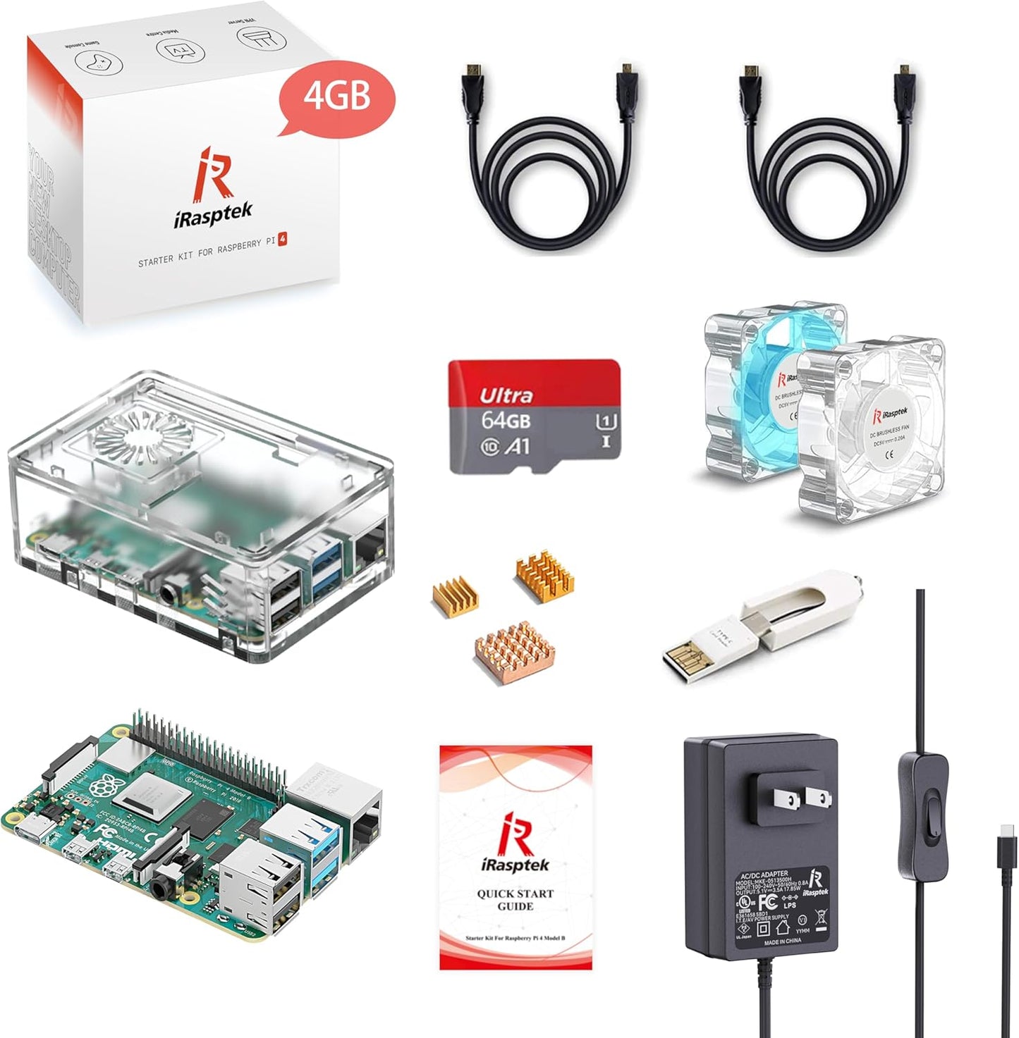 iRasptek Starter Kit for Raspberry Pi 4B 4GB - 64GB Edition,Noobs Preinstalled,5V 3.5A Power Supply,Display Cable,Heatsink,Transparent Case and Cooling Fan,Card Reader,GPIO Reference Card