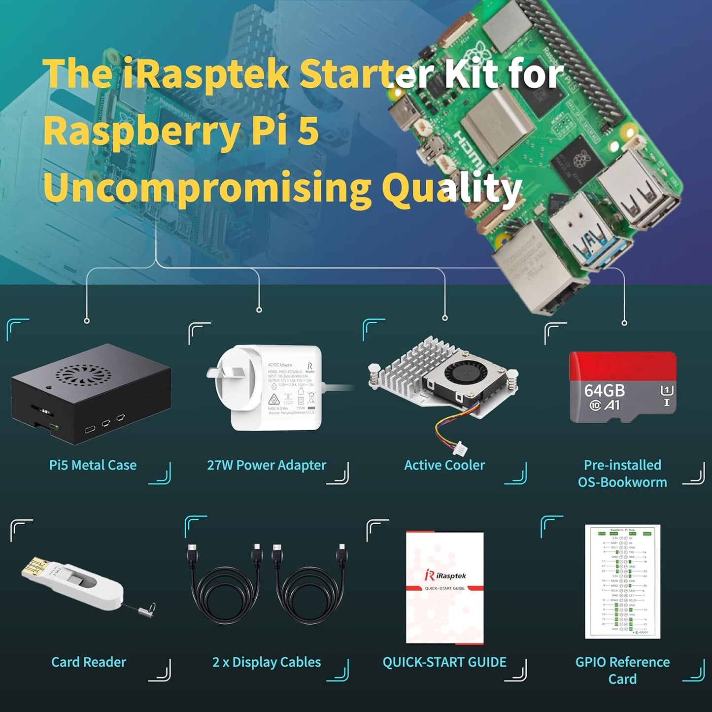 iRasptek Starter Kit for Raspberry Pi 5 RAM 4GB-64GB Edition of OS-Bookworm Pre-Loaded(Aluminum Case)