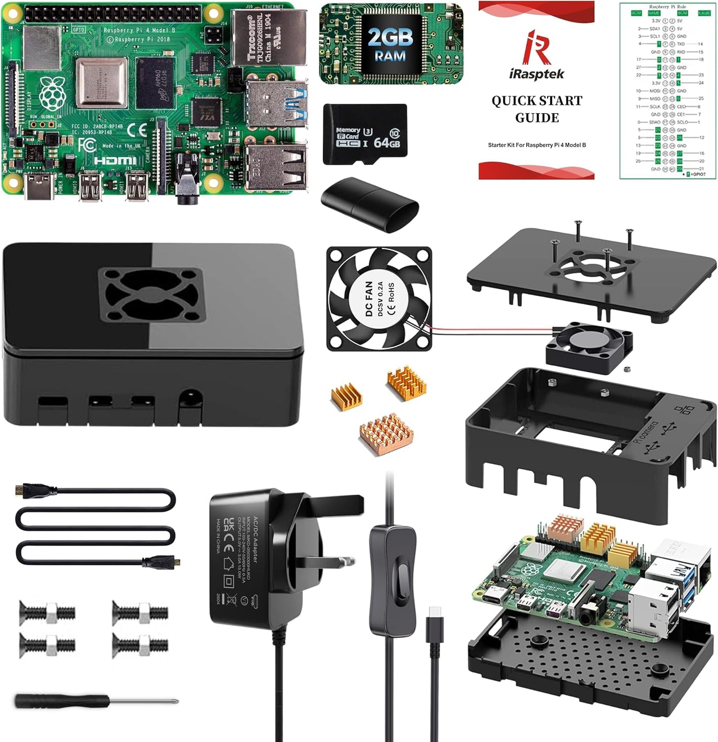 iRasptek Starter Kit for Raspberry Pi 4B 2GB RAM - 64GB SD Card Edition