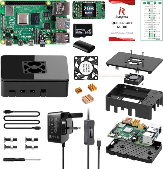 iRasptek Starter Kit for Raspberry Pi 4B 2GB RAM - 64GB SD Card Edition