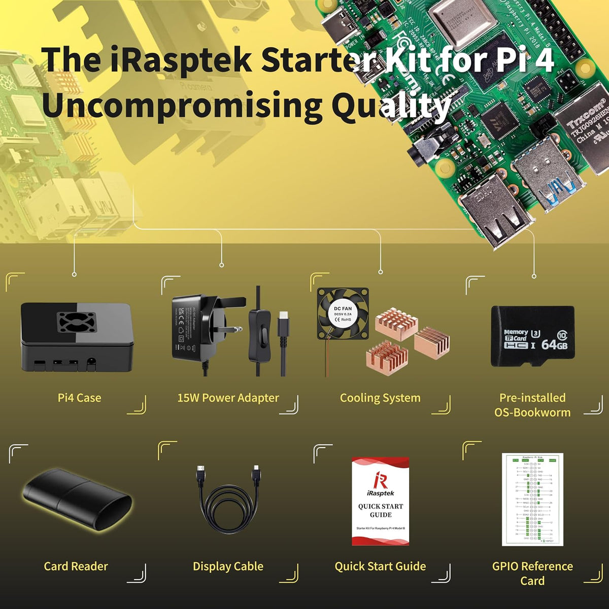 iRasptek Starter Kit for Raspberry Pi 4B 2GB RAM - 64GB SD Card Edition