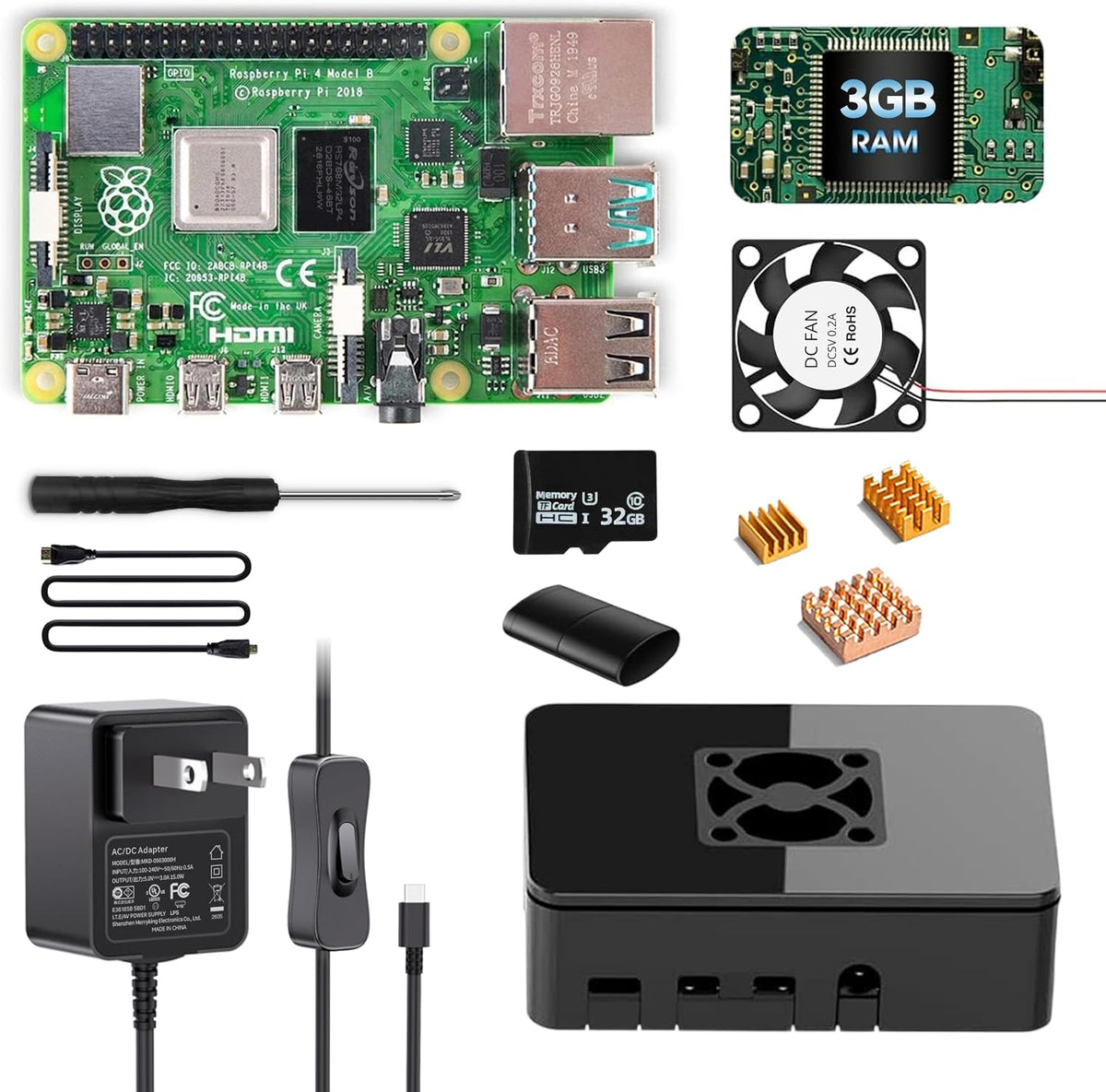 iRasptek Starter Kit for Raspberry Pi 4B 3GB RAM-32GB SD Card Edition